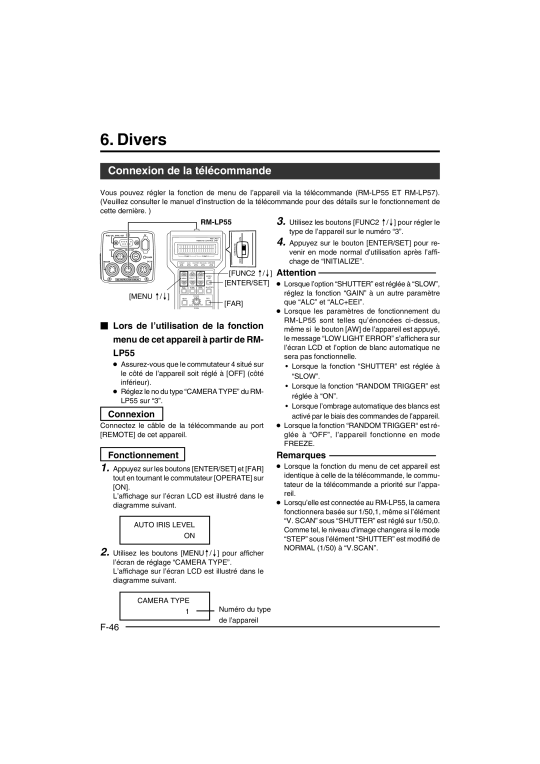 JVC KY-F550 instruction manual Divers, Connexion de la télécommande, Fonctionnement 