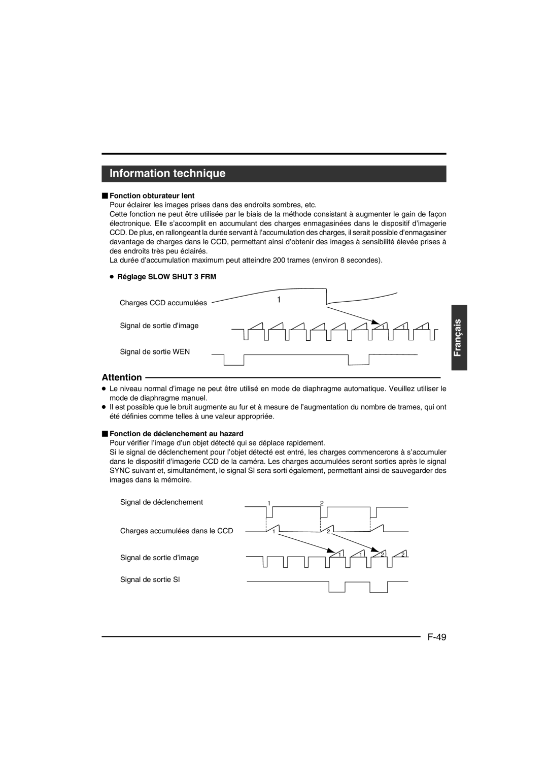 JVC KY-F550 instruction manual Information technique,  Fonction obturateur lent, Réglage Slow Shut 3 FRM 