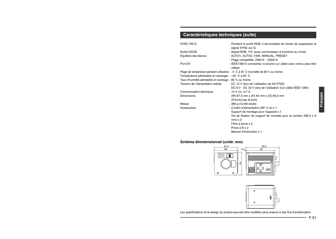 JVC KY-F550 instruction manual Caractéristiques techniques suite, Schéma dimmensionnel unité mm 