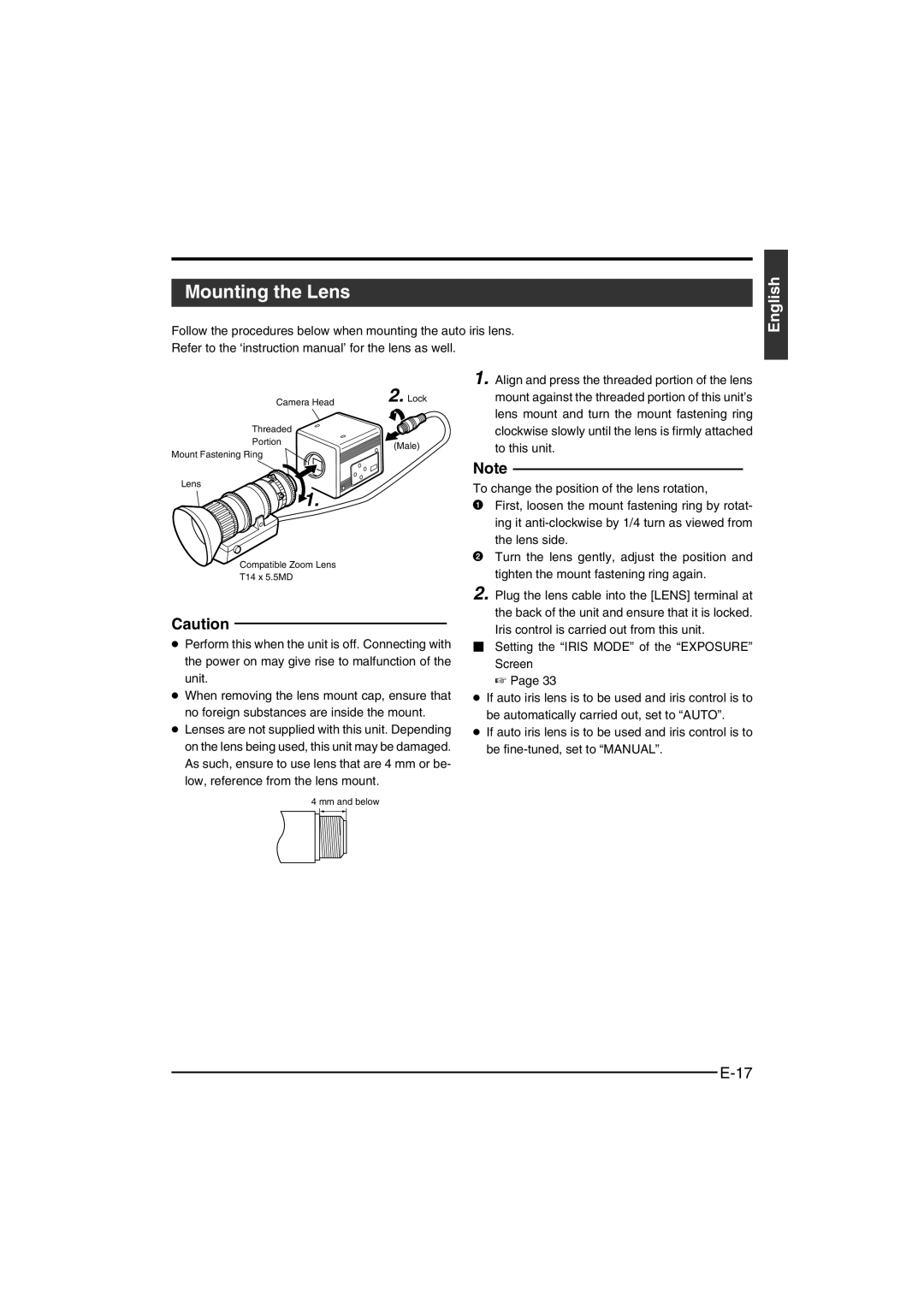 JVC KY-F550 instruction manual Mounting the Lens 