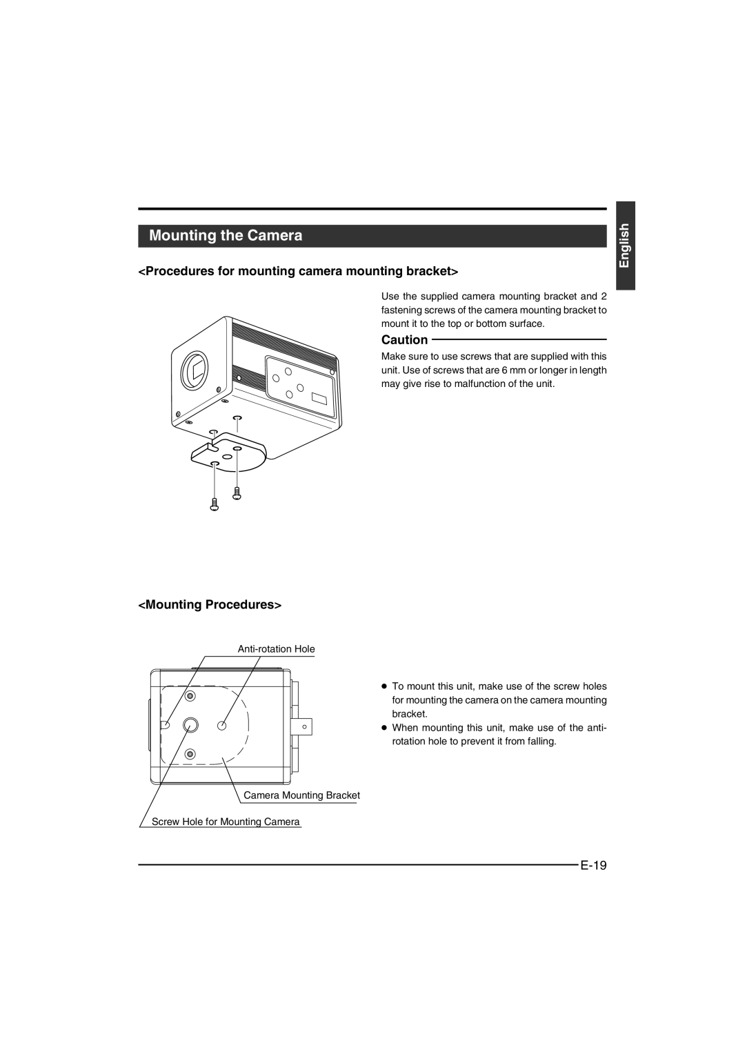 JVC KY-F550 instruction manual Mounting the Camera, Procedures for mounting camera mounting bracket, Mounting Procedures 