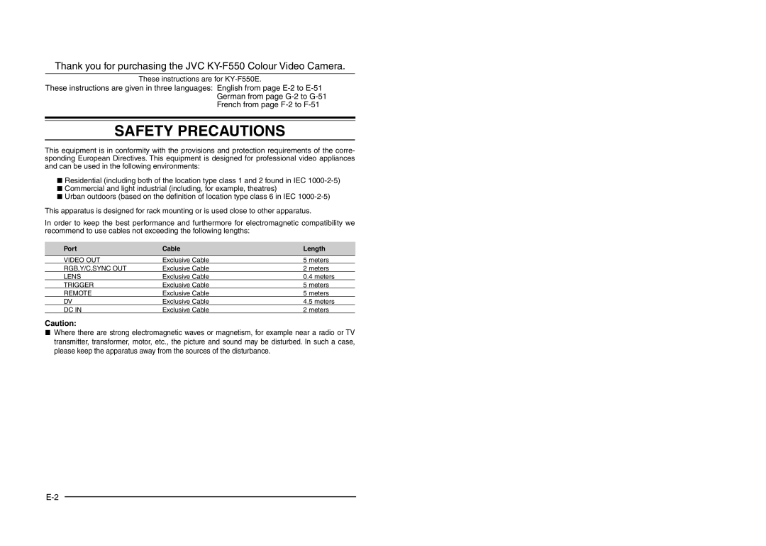 JVC KY-F550 instruction manual Port Cable Length 