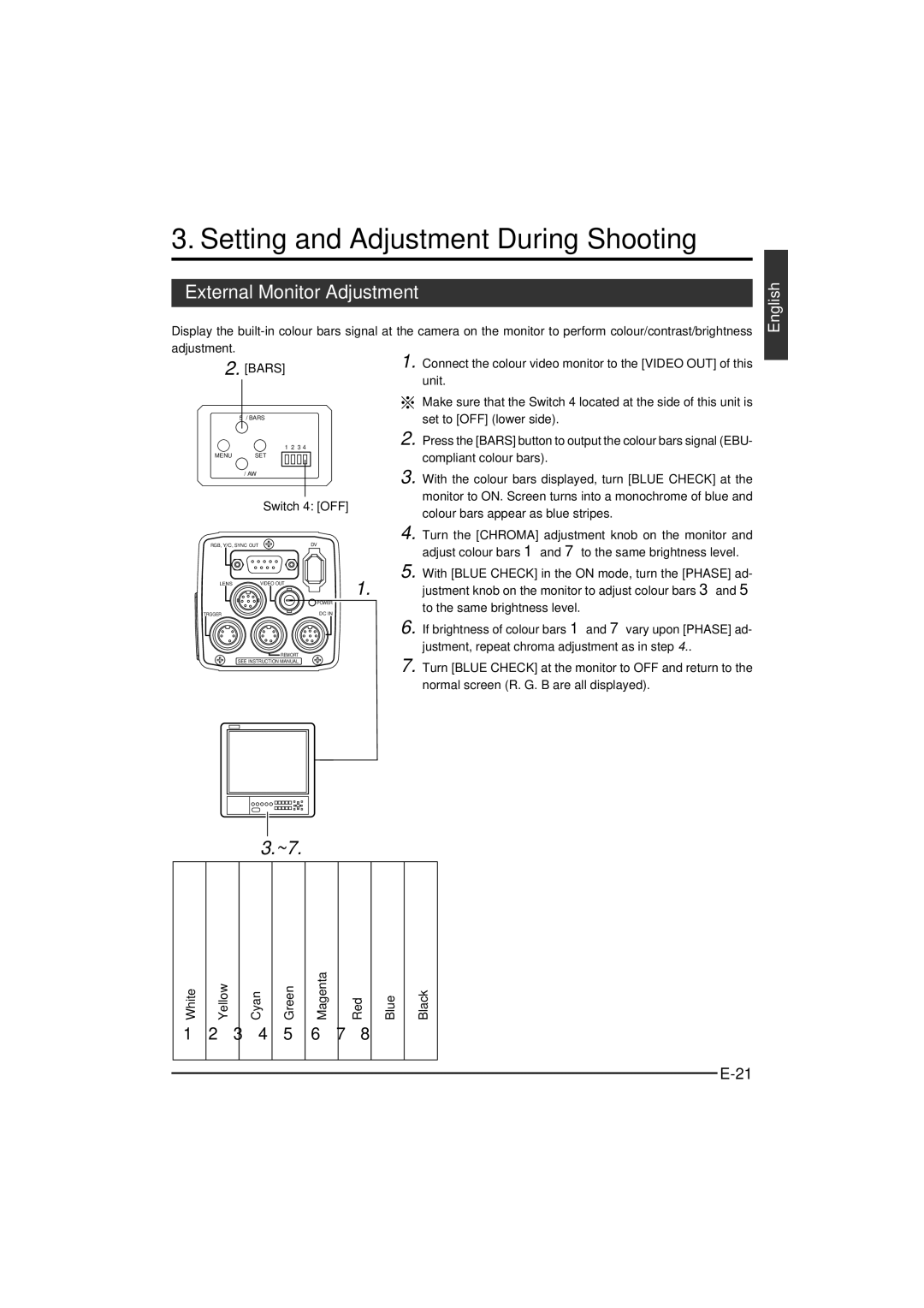 JVC KY-F550 instruction manual Setting and Adjustment During Shooting, External Monitor Adjustment, Adjustment Bars 