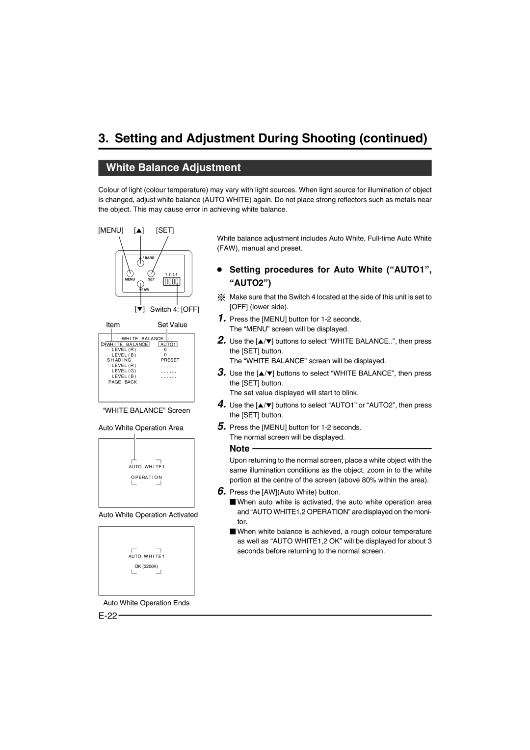 JVC KY-F550 Setting and Adjustment During Shooting, White Balance Adjustment,  Setting procedures for Auto White AUTO1 