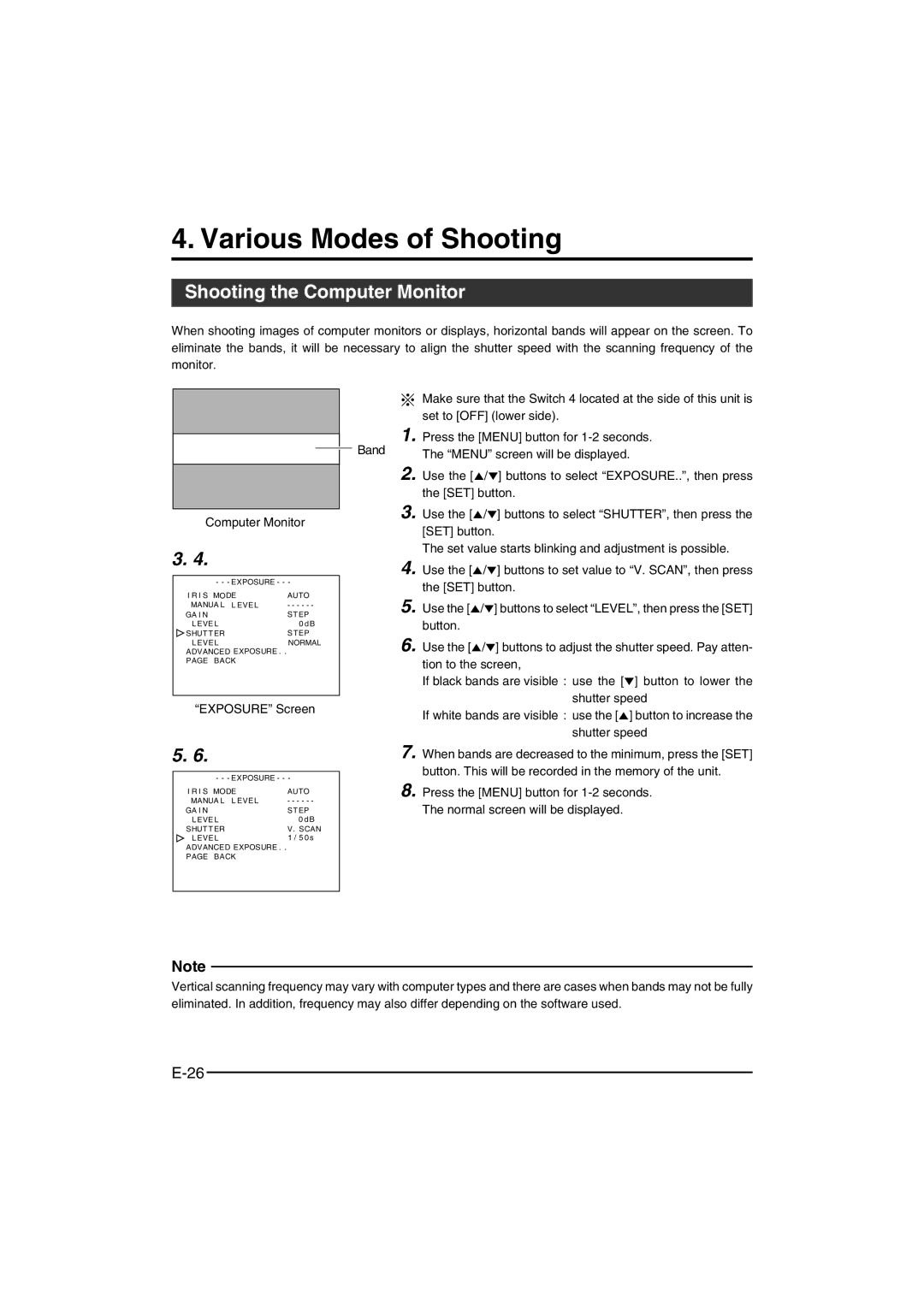 JVC KY-F550 Use the 5/∞ buttons to set value to V. SCAN, then press, Button, Tion to the screen, Shutter speed 