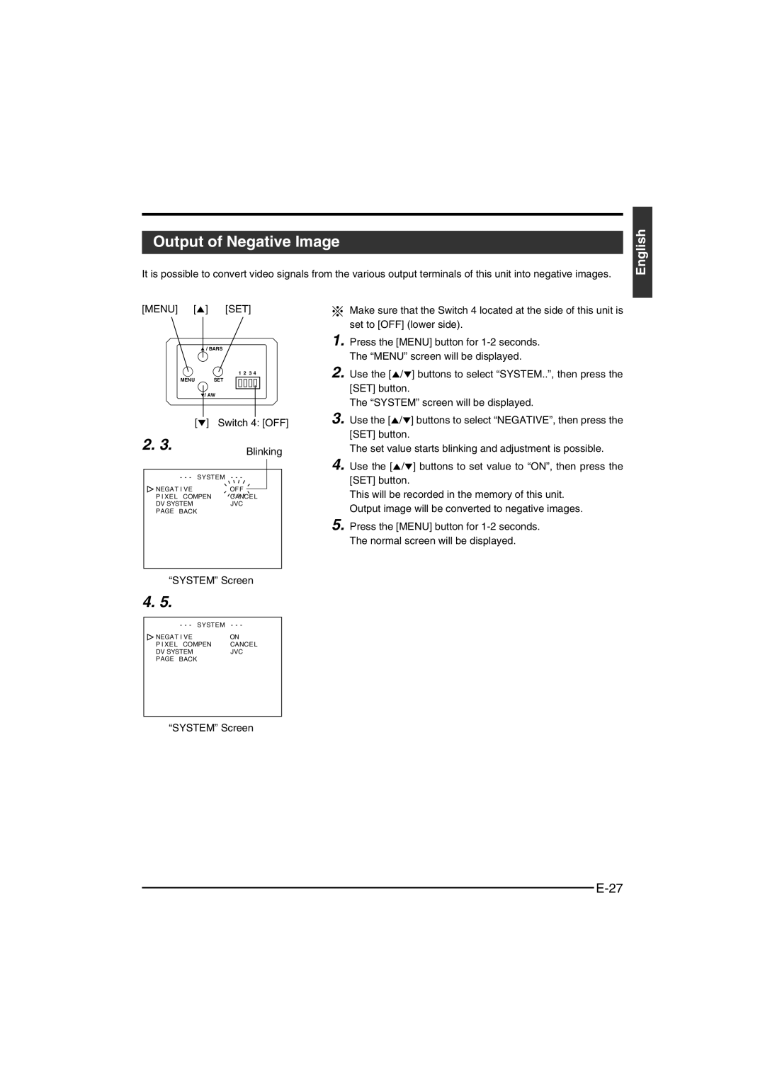 JVC KY-F550 instruction manual Output of Negative Image, System Screen 