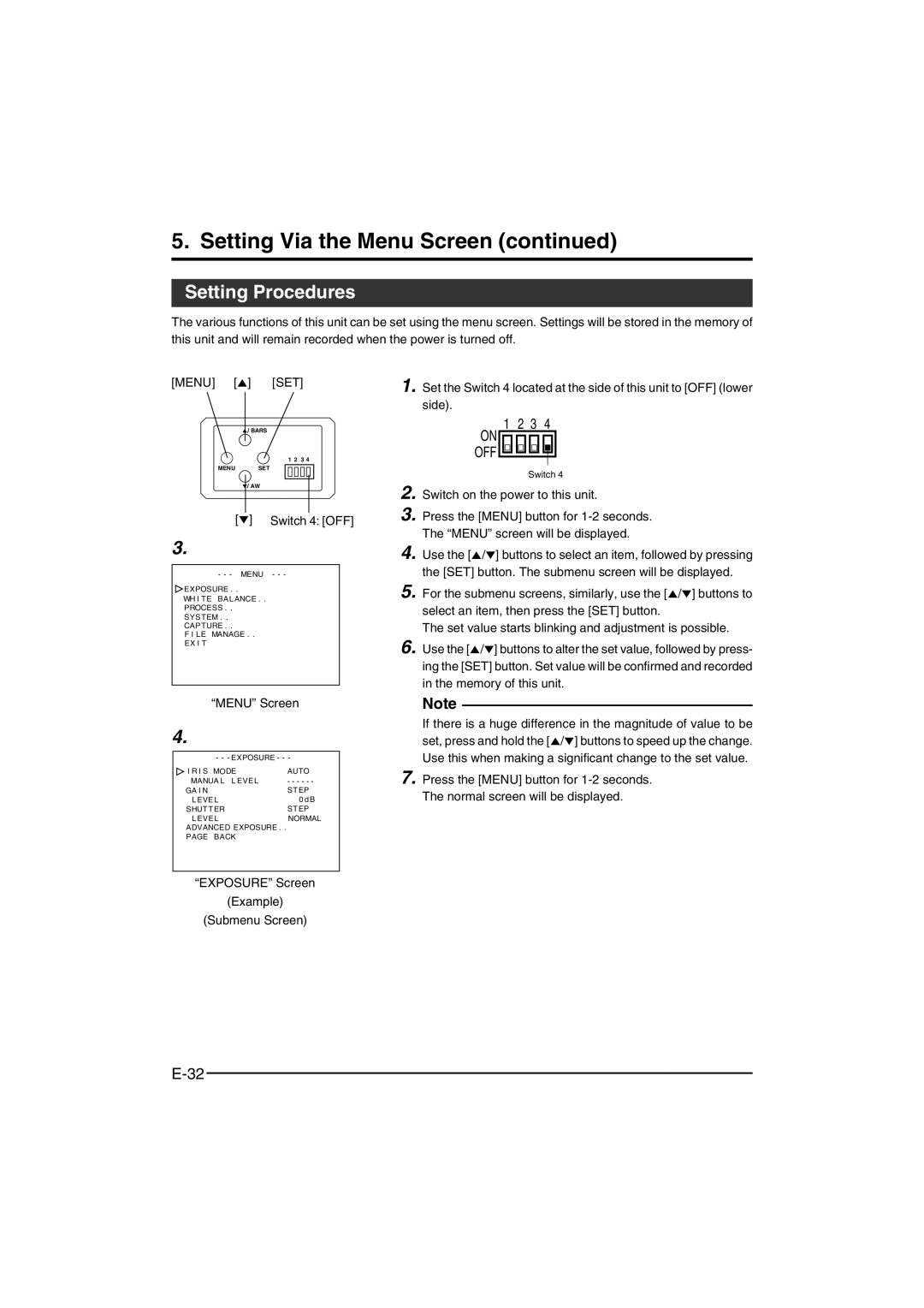 JVC KY-F550 instruction manual Setting Via the Menu Screen, Setting Procedures 