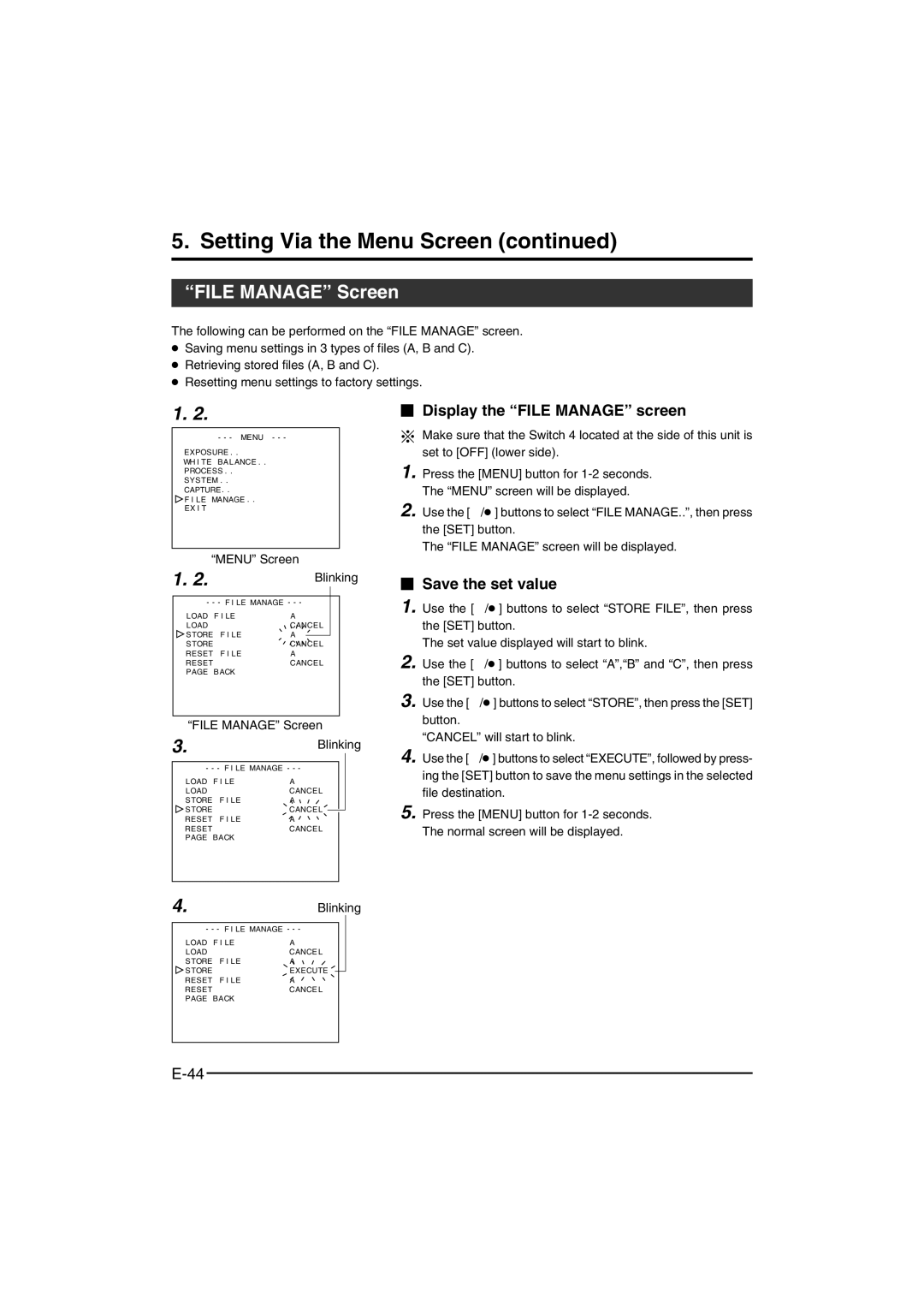 JVC KY-F550 File Manage Screen,  Display the File Manage screen,  Save the set value, Menu Screen Blinking 