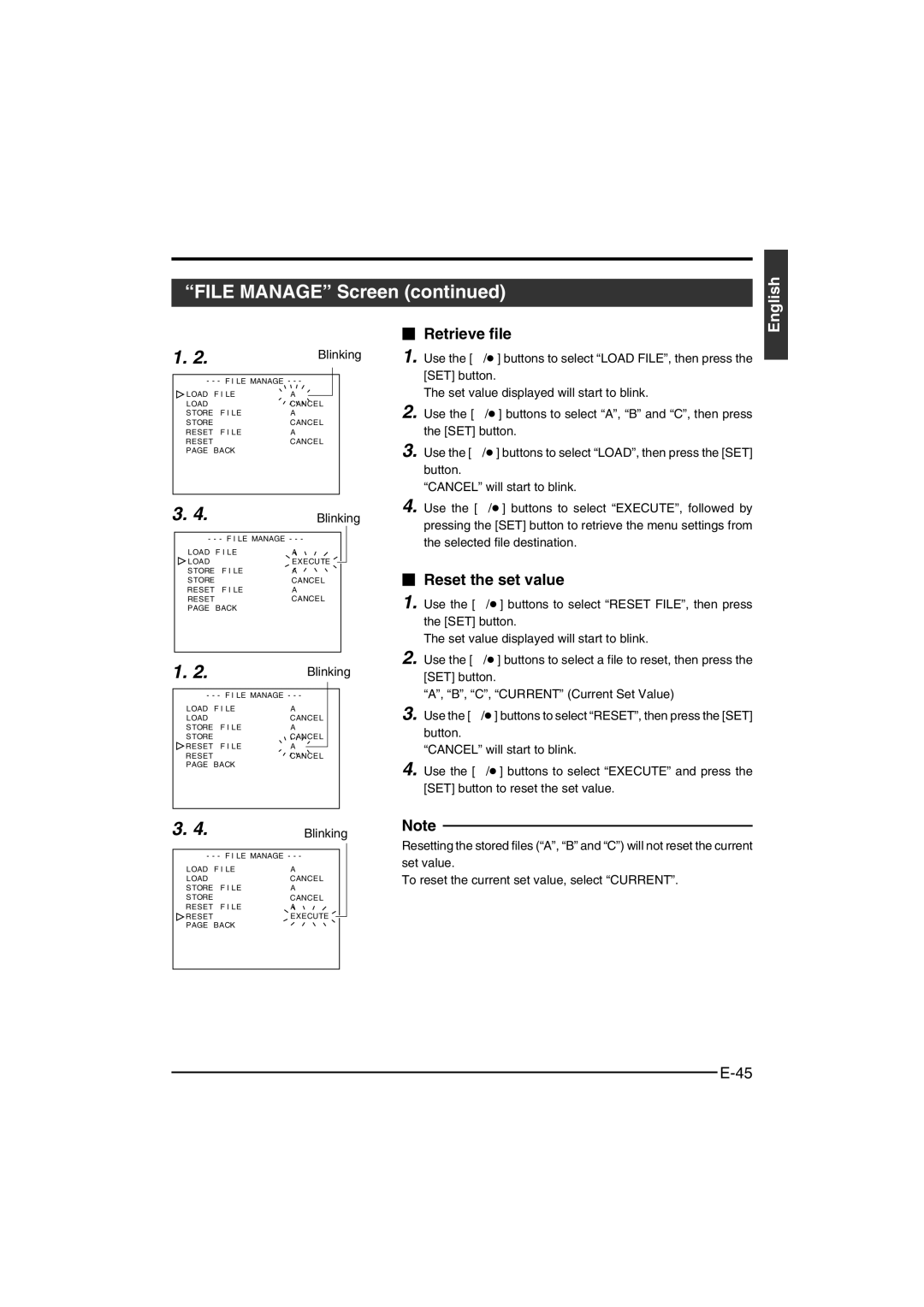 JVC KY-F550 instruction manual  Retrieve file,  Reset the set value 