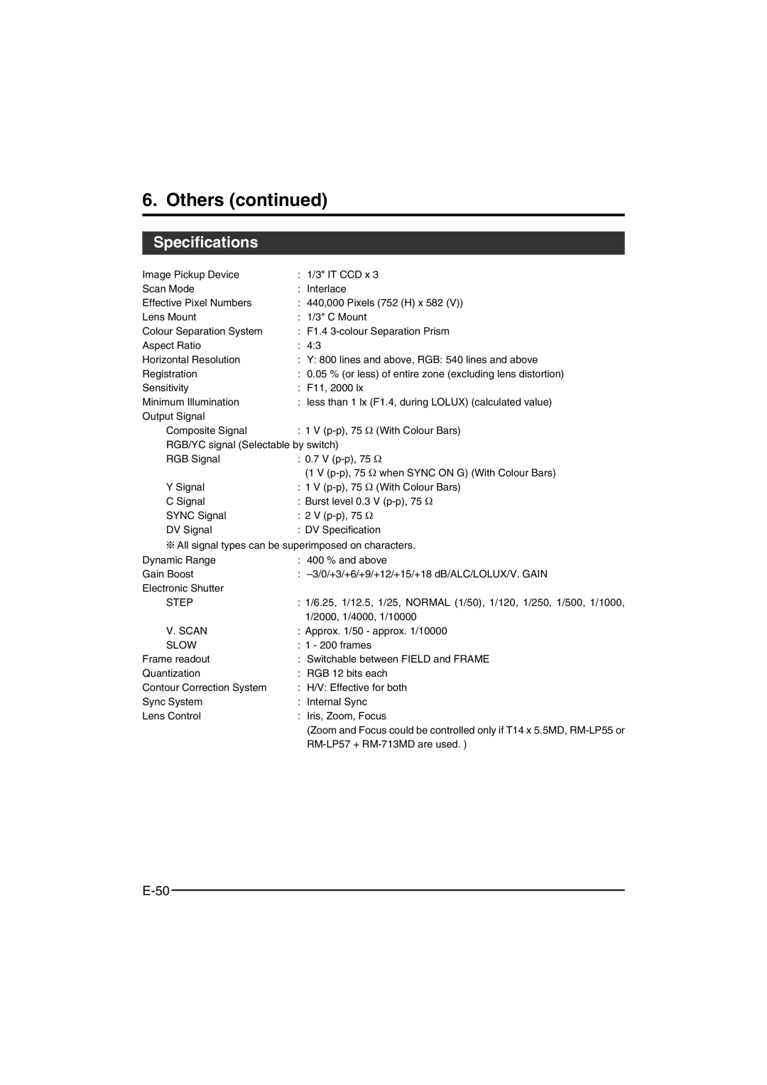 JVC KY-F550 instruction manual Specifications, Step, 25, 1/12.5, 1/25, Normal 1/50, 1/120, 1/250, 1/500, 1/1000, Frames 