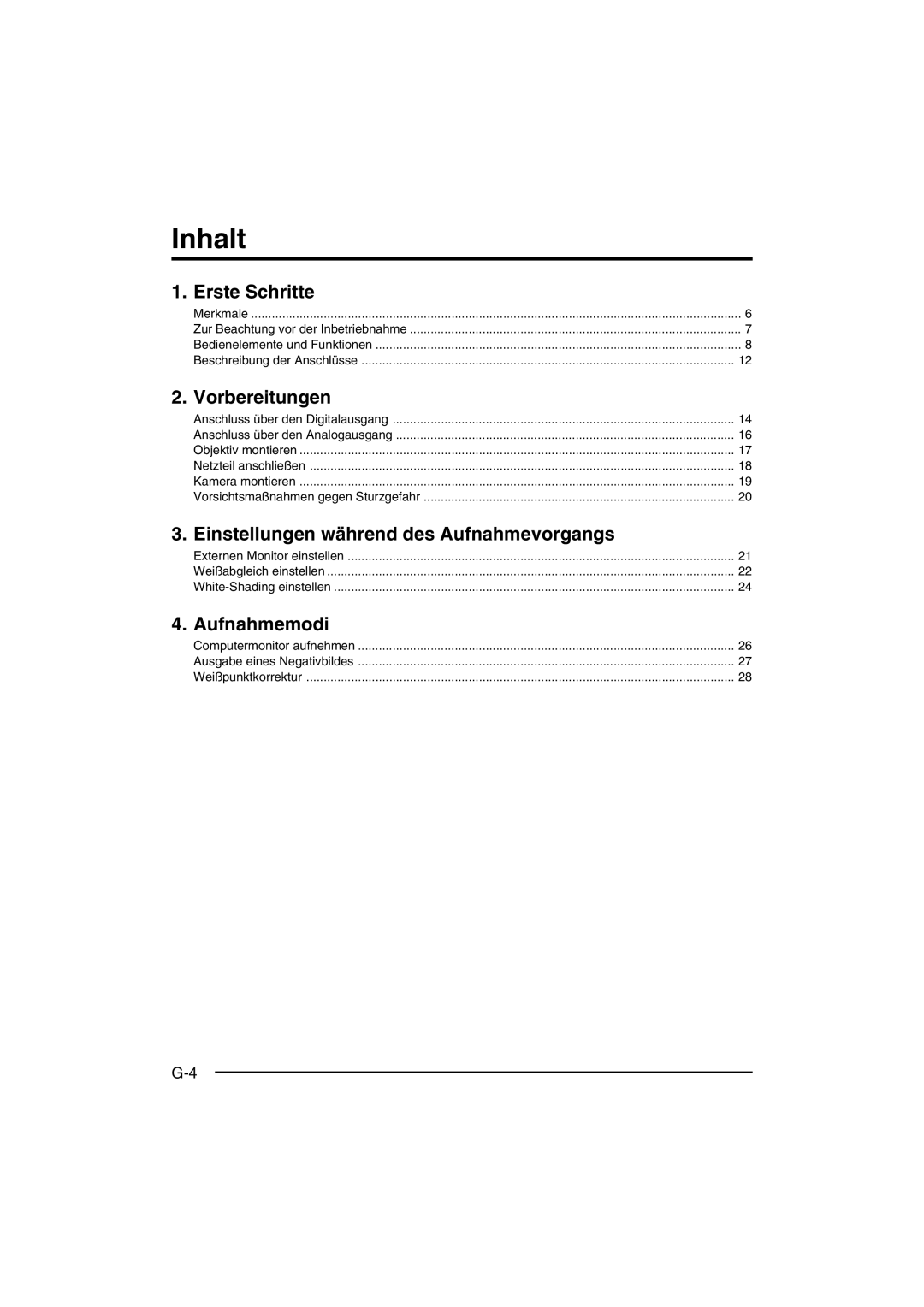 JVC KY-F550 instruction manual Inhalt, Kamera montieren, Externen Monitor einstellen, Computermonitor aufnehmen 