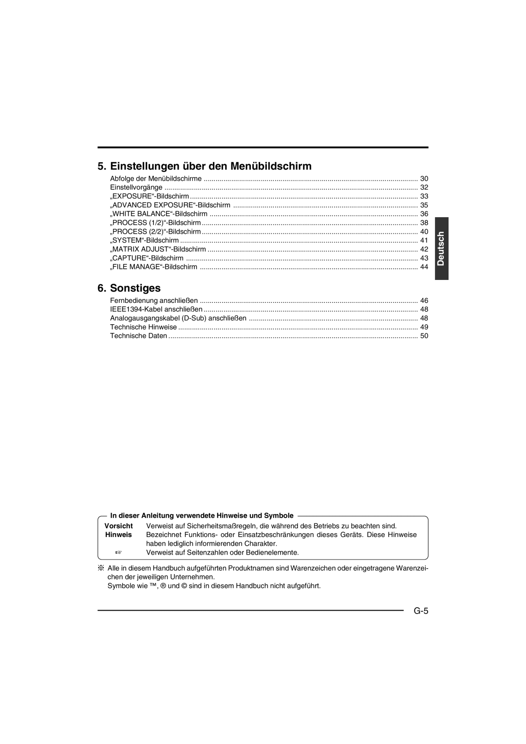 JVC KY-F550 instruction manual Einstellungen über den Menübildschirm, Dieser Anleitung verwendete Hinweise und Symbole 