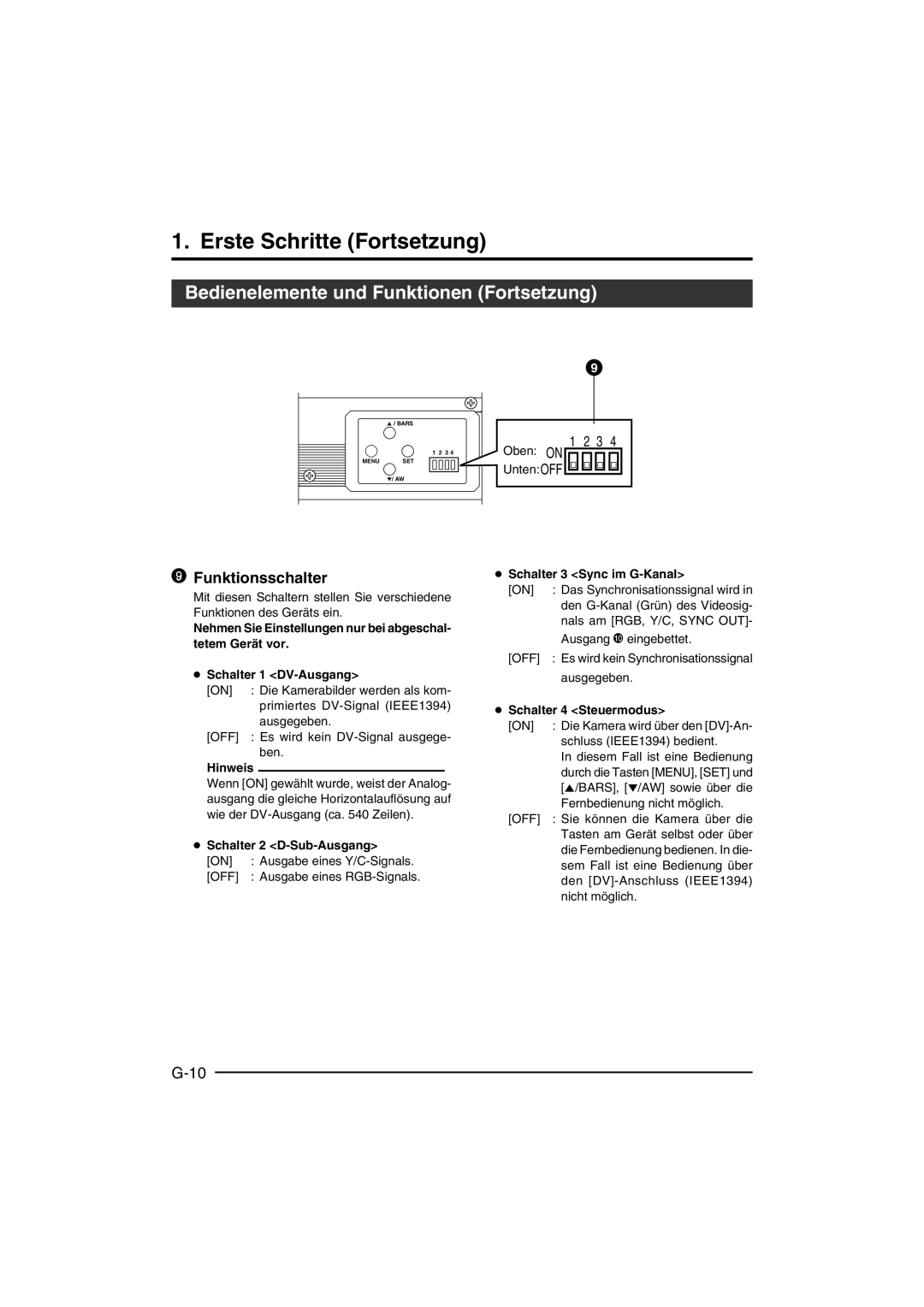 JVC KY-F550 Funktionsschalter, Schalter 2 D-Sub-Ausgang, Schalter 3 Sync im G-Kanal, Schalter 4 Steuermodus 