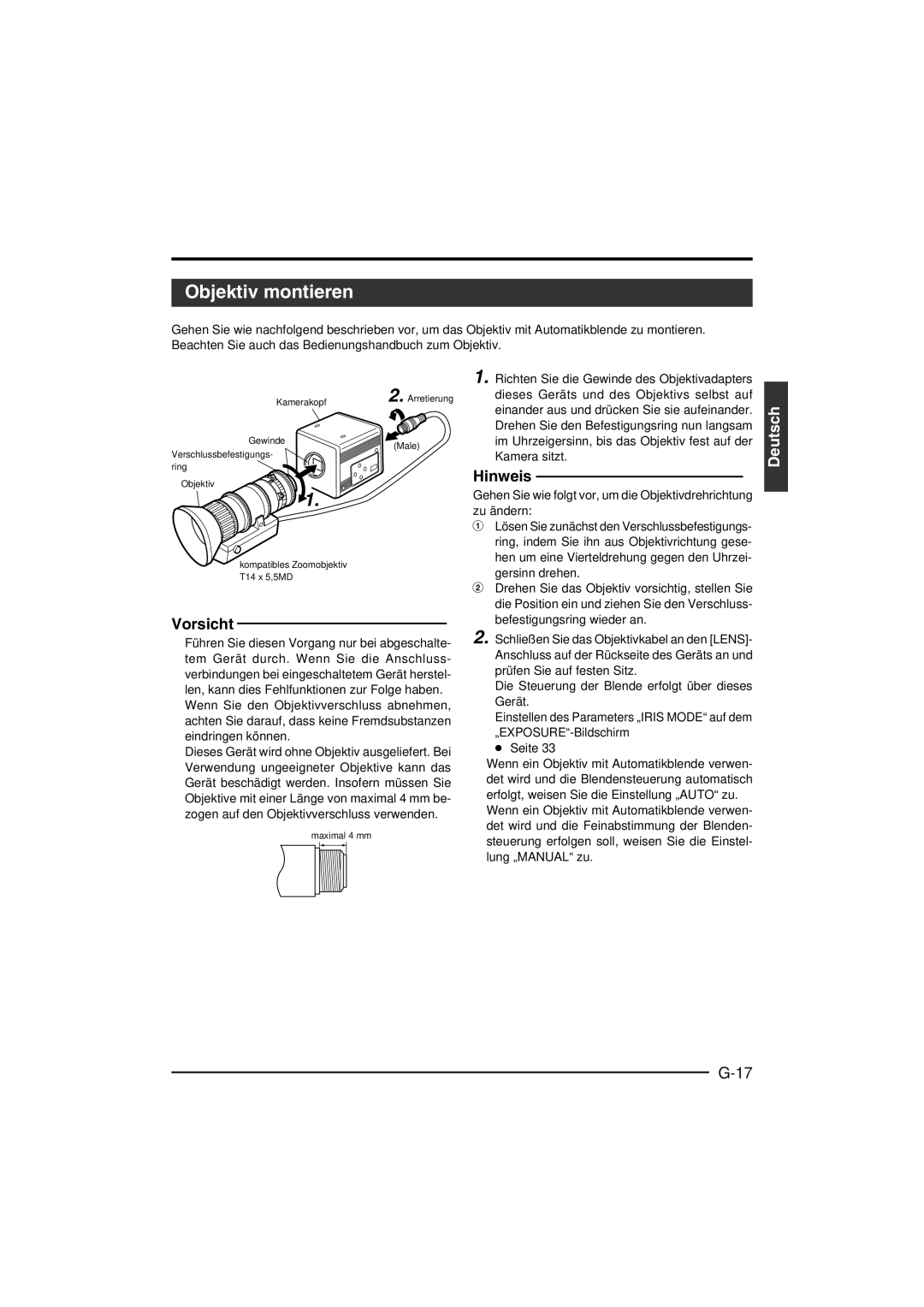 JVC KY-F550 instruction manual Objektiv montieren, Im Uhrzeigersinn, bis das Objektiv fest auf der Kamera sitzt 