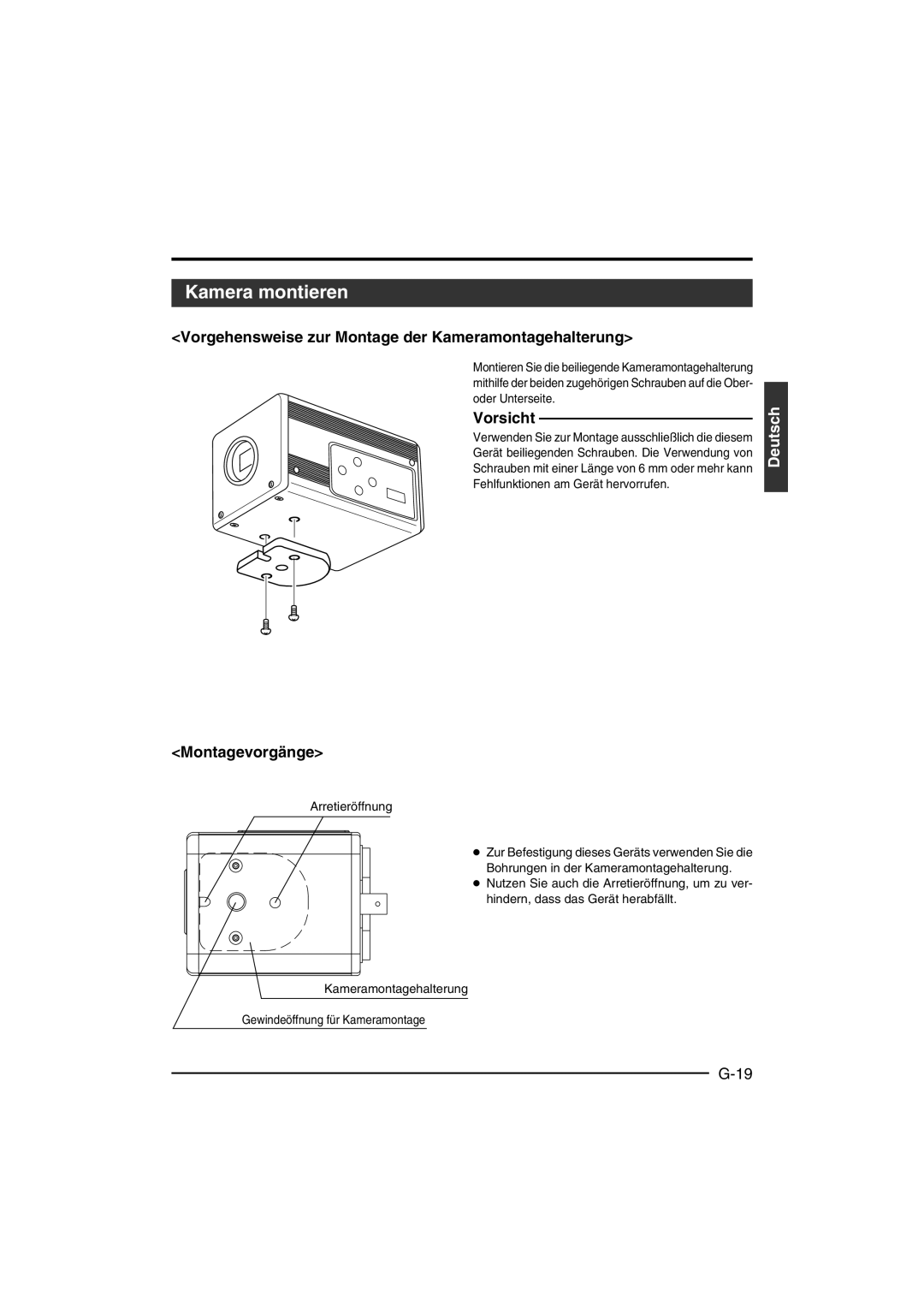 JVC KY-F550 instruction manual Kamera montieren, Vorgehensweise zur Montage der Kameramontagehalterung, Montagevorgänge 