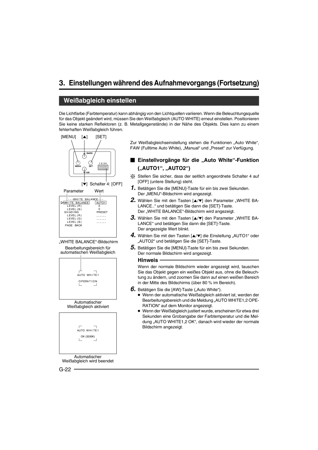 JVC KY-F550 instruction manual Weißabgleich einstellen, ∞ Schalter 4 OFF Parameter, Automatischer Weißabgleich aktiviert 