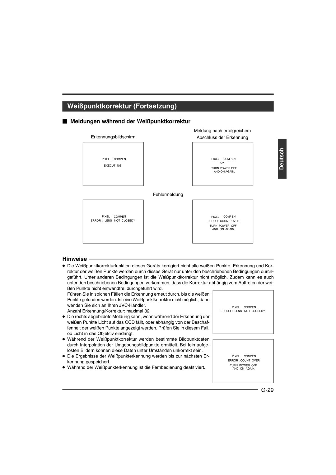 JVC KY-F550 instruction manual Weißpunktkorrektur Fortsetzung,  Meldungen während der Weißpunktkorrektur 