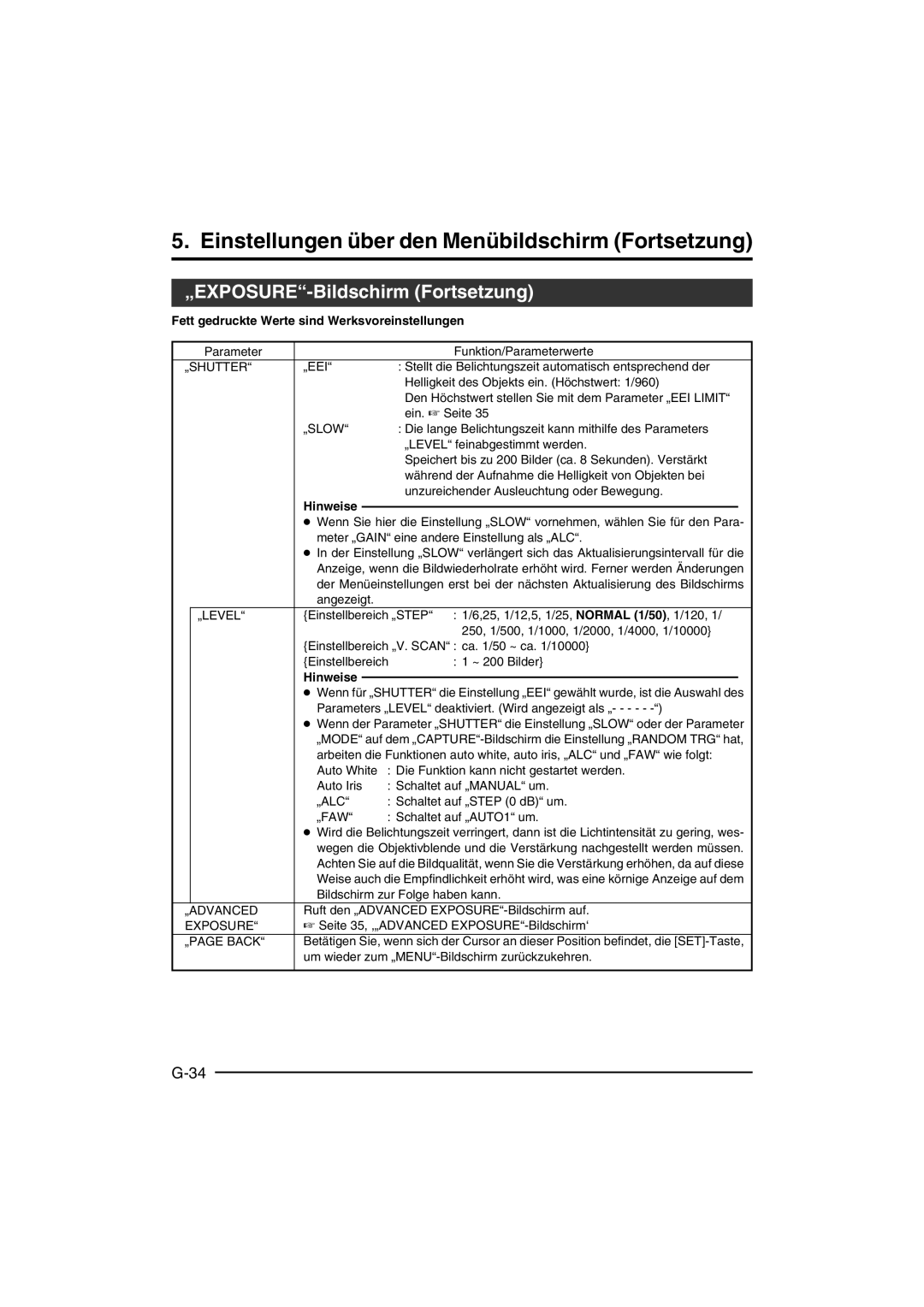 JVC KY-F550 instruction manual „EXPOSURE-Bildschirm Fortsetzung 