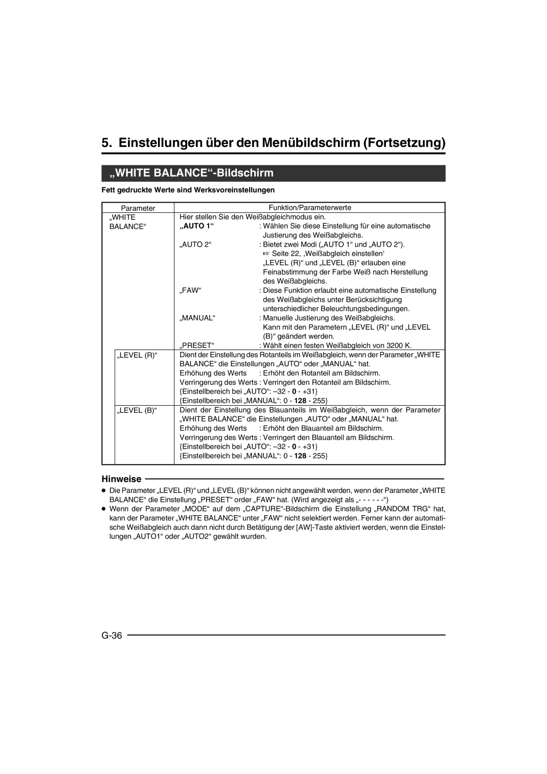 JVC KY-F550 instruction manual „WHITE BALANCE-Bildschirm, „White, „Auto, „Preset, „Level R 