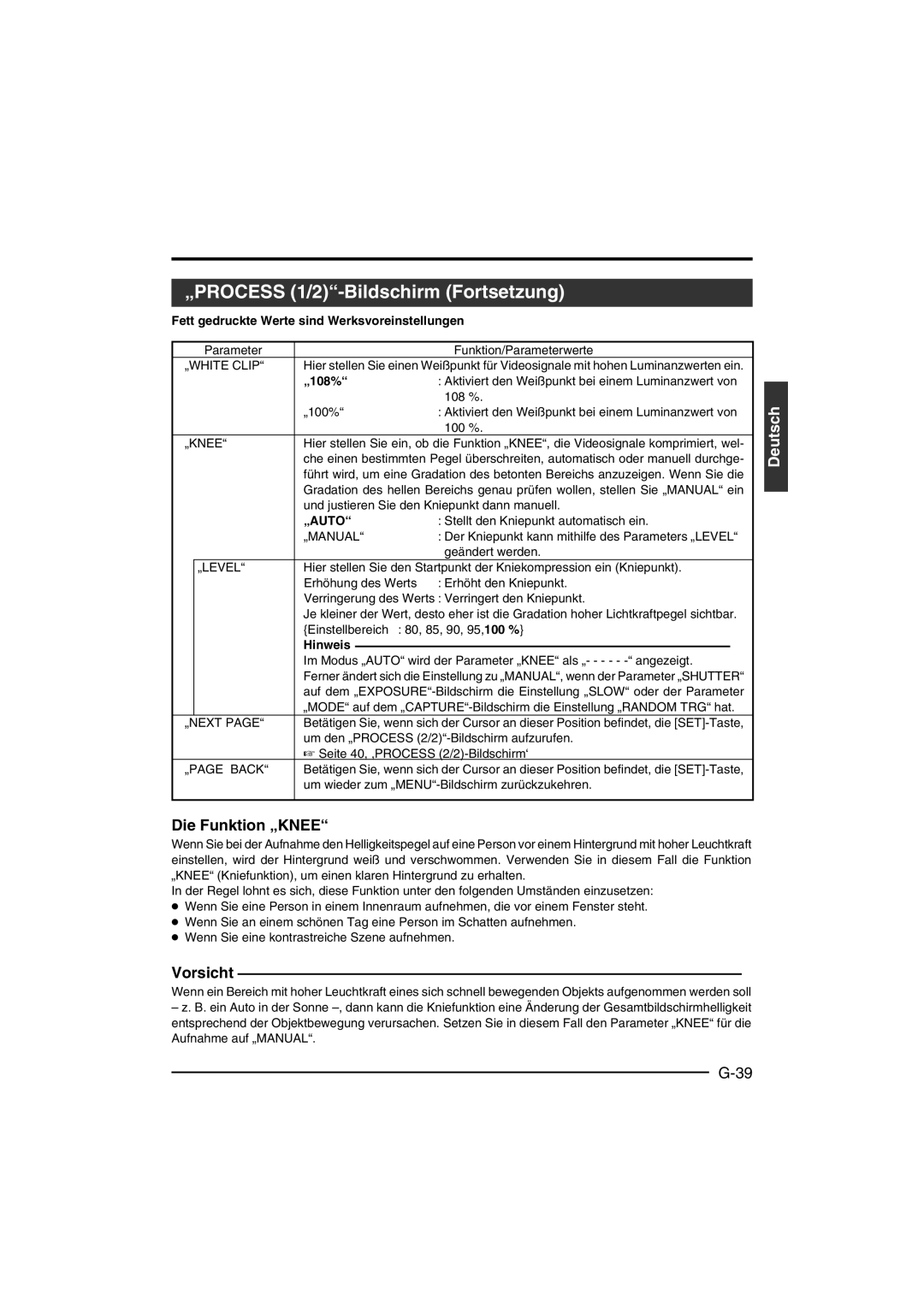 JVC KY-F550 instruction manual „PROCESS 1/2-Bildschirm Fortsetzung, Die Funktion „KNEE, „108% 