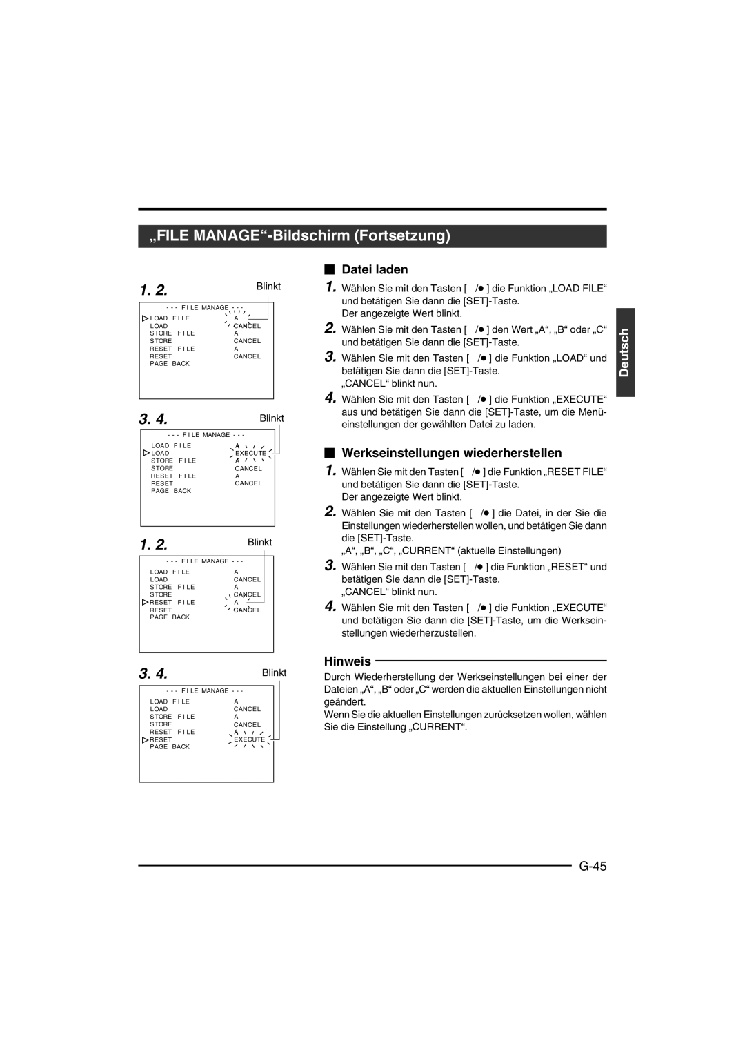 JVC KY-F550 instruction manual „FILE MANAGE-Bildschirm Fortsetzung,  Datei laden,  Werkseinstellungen wiederherstellen 