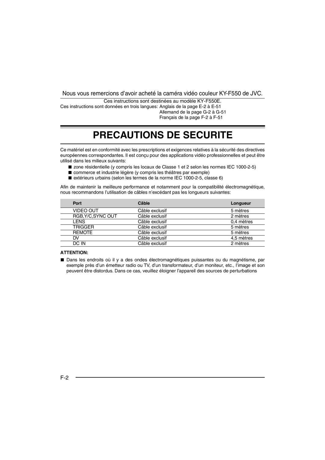 JVC KY-F550E instruction manual Port Câble Longueur, Câble exclusif Mètres 