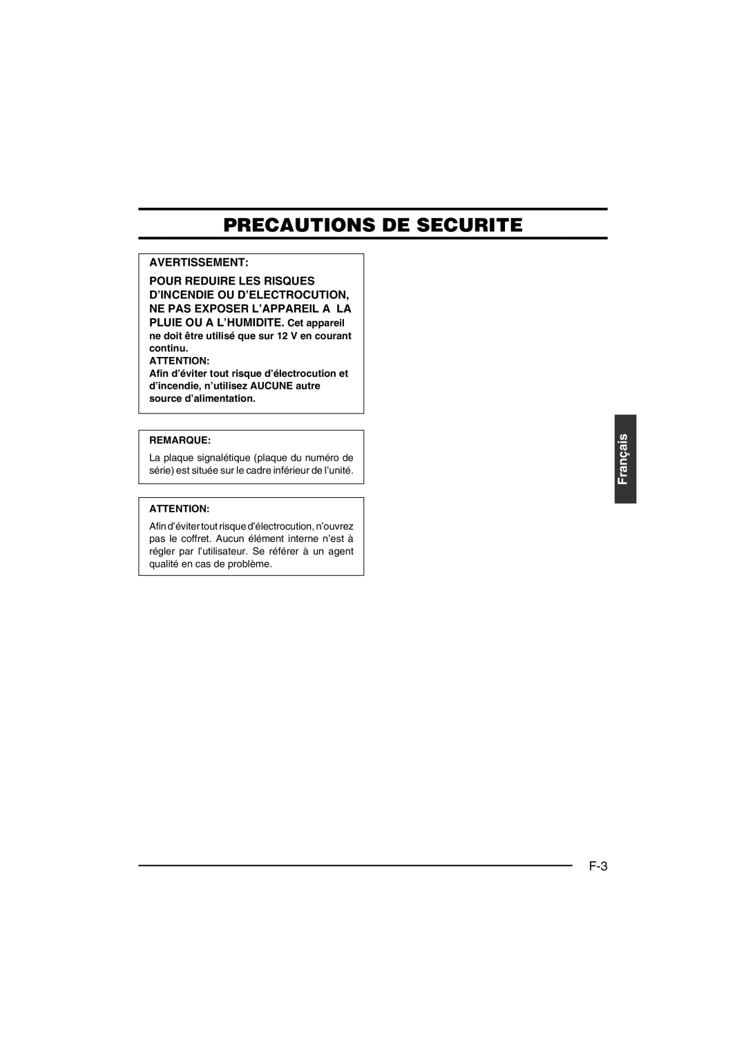 JVC KY-F550E instruction manual Precautions DE Securite, Remarque 