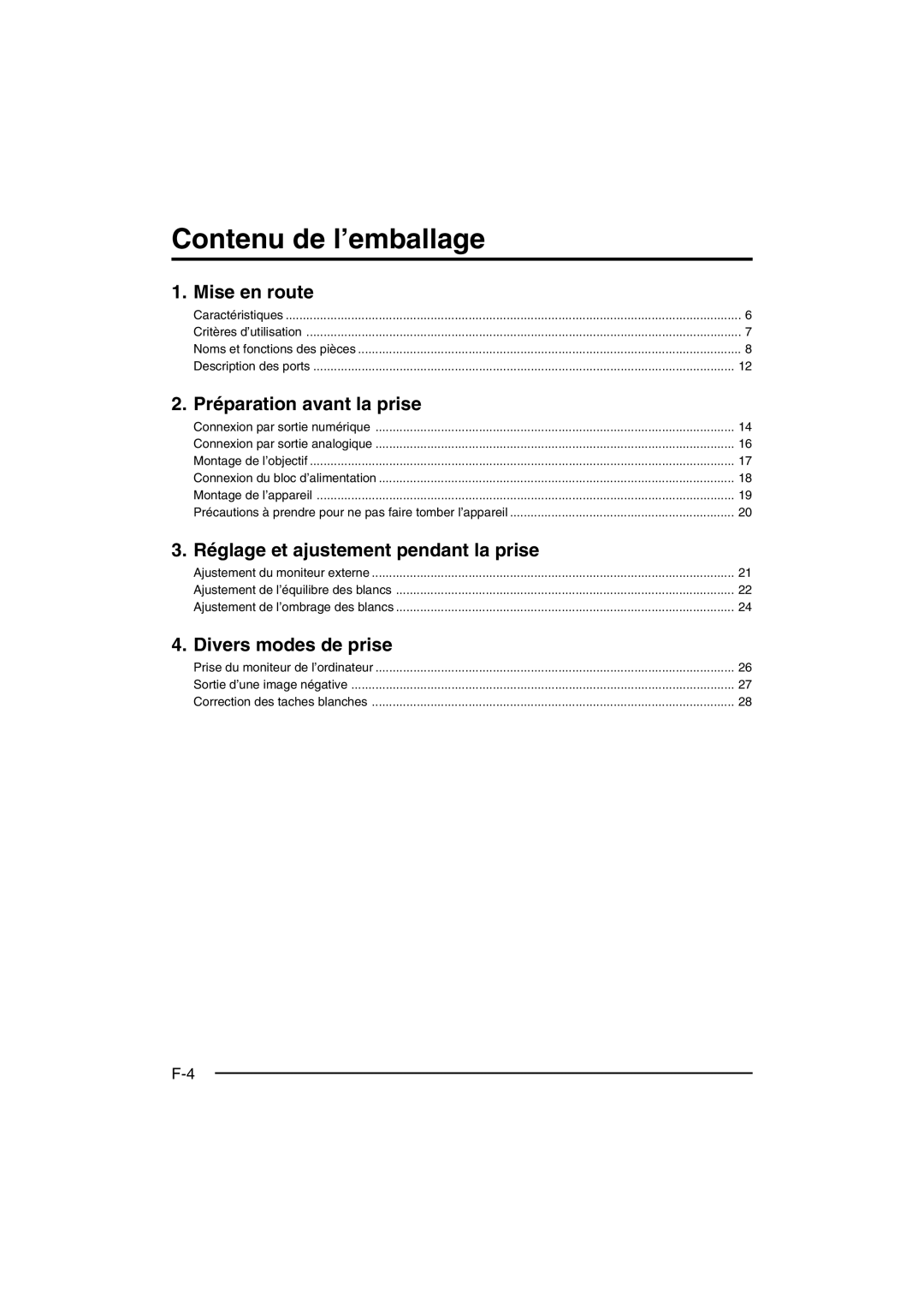 JVC KY-F550E instruction manual Contenu de l’emballage, Connexion par sortie numérique, Sortie d’une image négative 