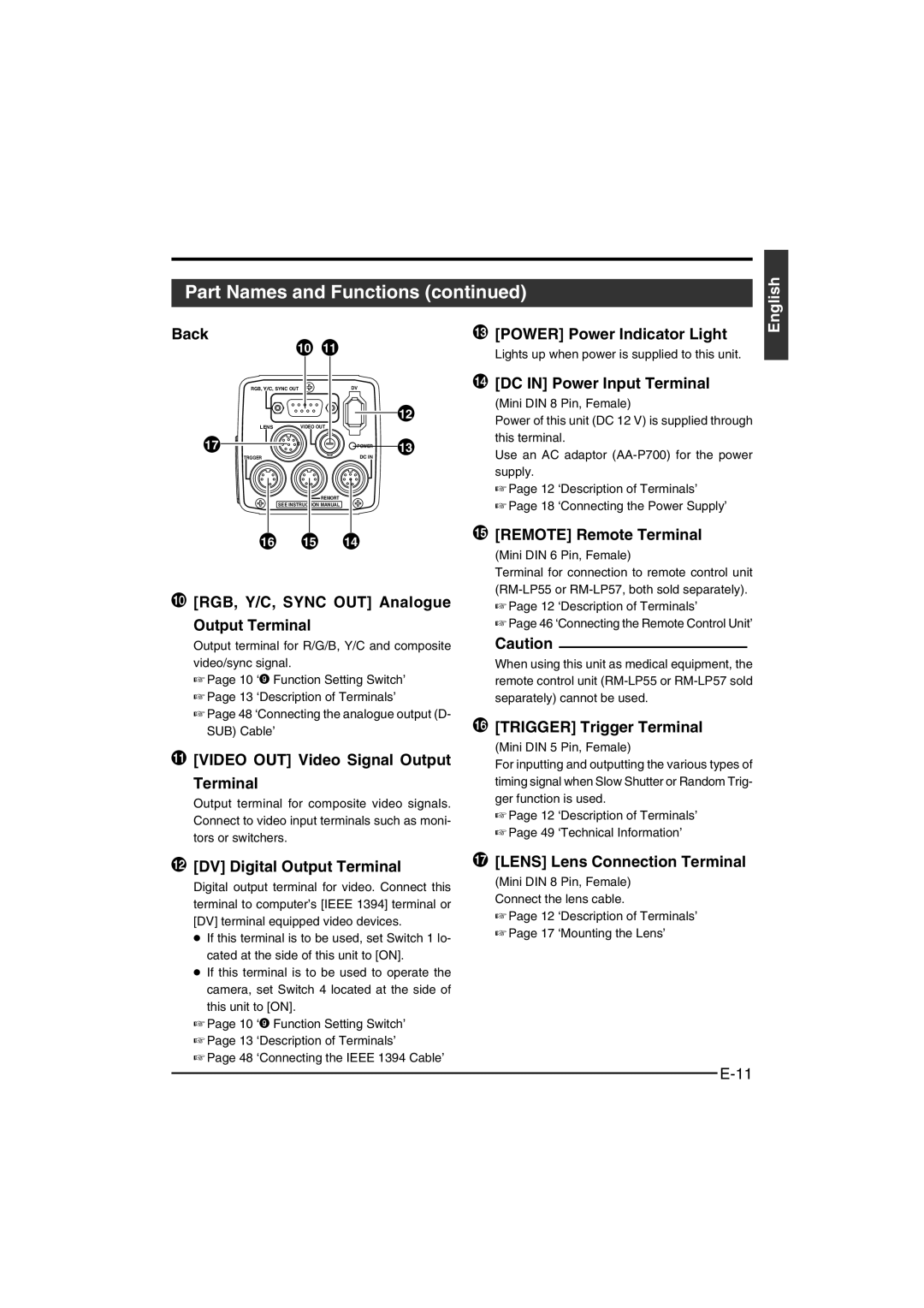 JVC KY-F550E instruction manual Back, RGB, Y/C, Sync OUT Analogue Output Terminal, Video OUT Video Signal Output Terminal 