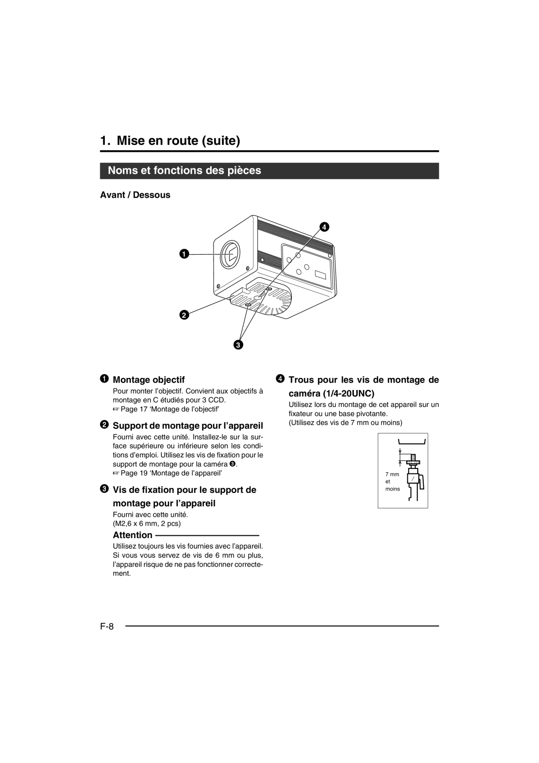 JVC KY-F550E Mise en route suite, Noms et fonctions des pièces, Caméra 1/4-20UNC, Support de montage pour l’appareil 