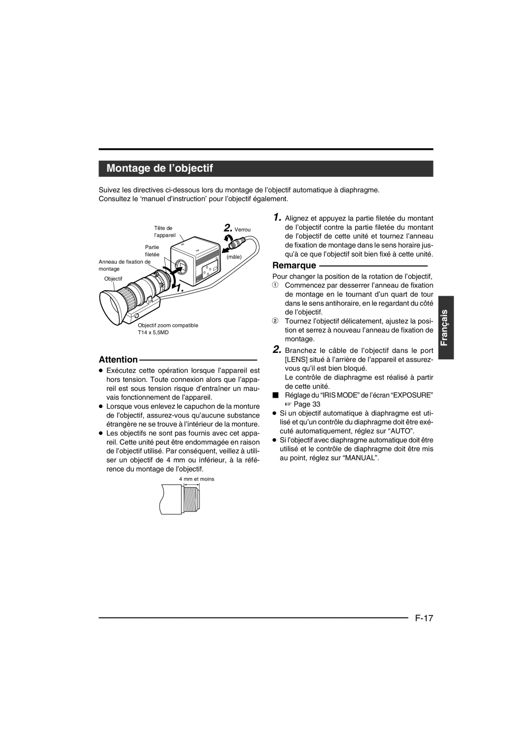 JVC KY-F550E instruction manual Montage de l’objectif, Pour changer la position de la rotation de l’objectif 