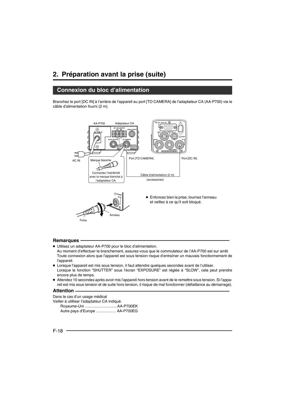 JVC KY-F550E instruction manual Connexion du bloc d’alimentation, AA-P700 Adaptateur CA 