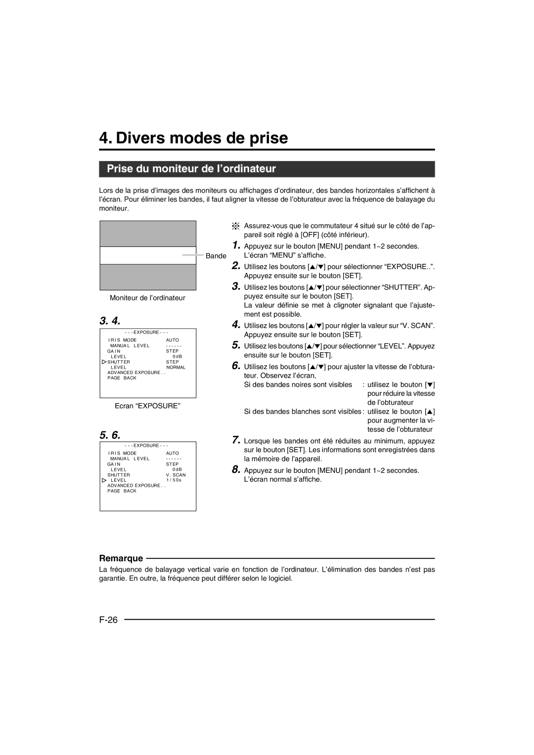 JVC KY-F550E instruction manual Divers modes de prise, Prise du moniteur de l’ordinateur, Ecran Exposure 