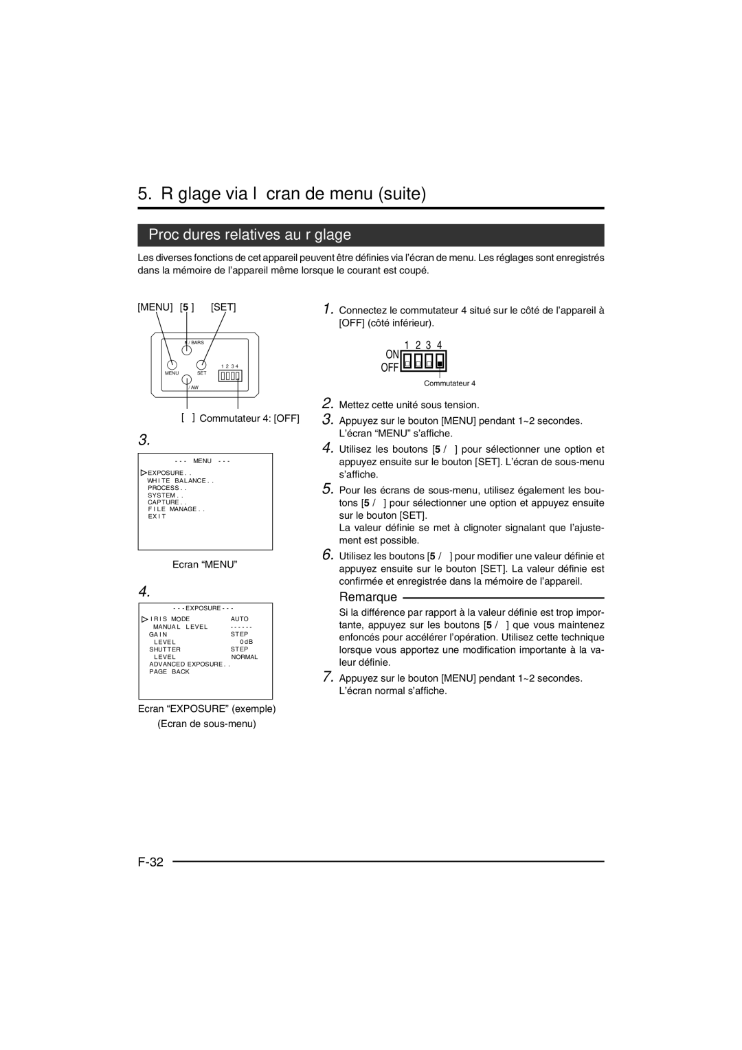 JVC KY-F550E Réglage via l’écran de menu suite, Procédures relatives au réglage, Menu, Set, ∞ Commutateur 4 OFF 