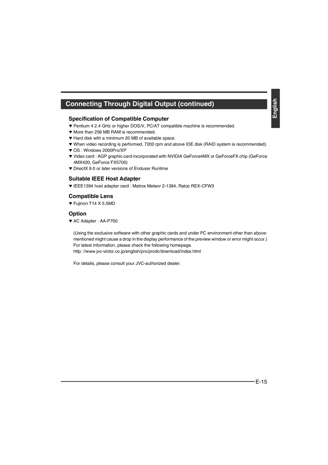 JVC KY-F550E  Specification of Compatible Computer,  Suitable Ieee Host Adapter,  Compatible Lens,  Option 