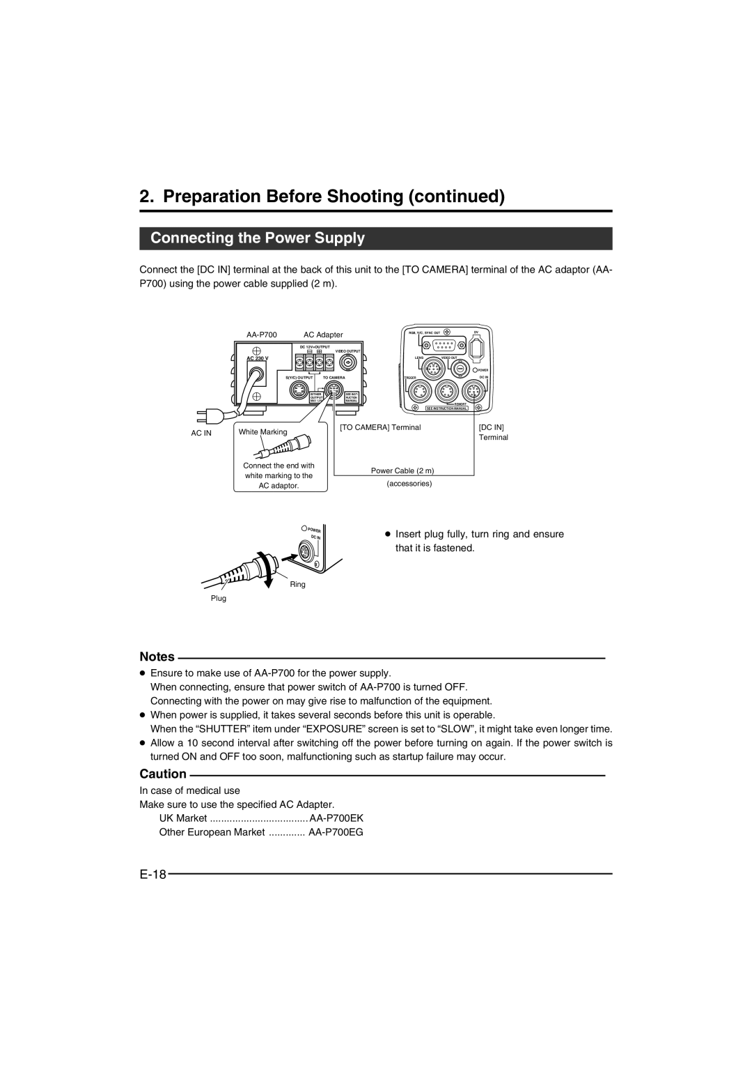 JVC KY-F550E instruction manual Connecting the Power Supply, AA-P700 AC Adapter 