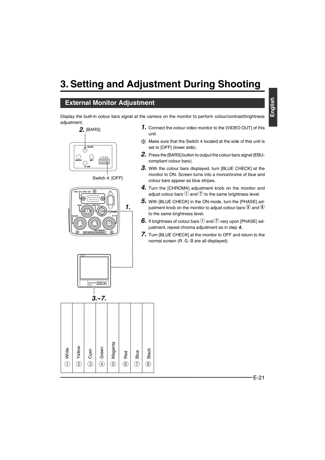 JVC KY-F550E instruction manual Setting and Adjustment During Shooting, External Monitor Adjustment, Adjustment Bars 