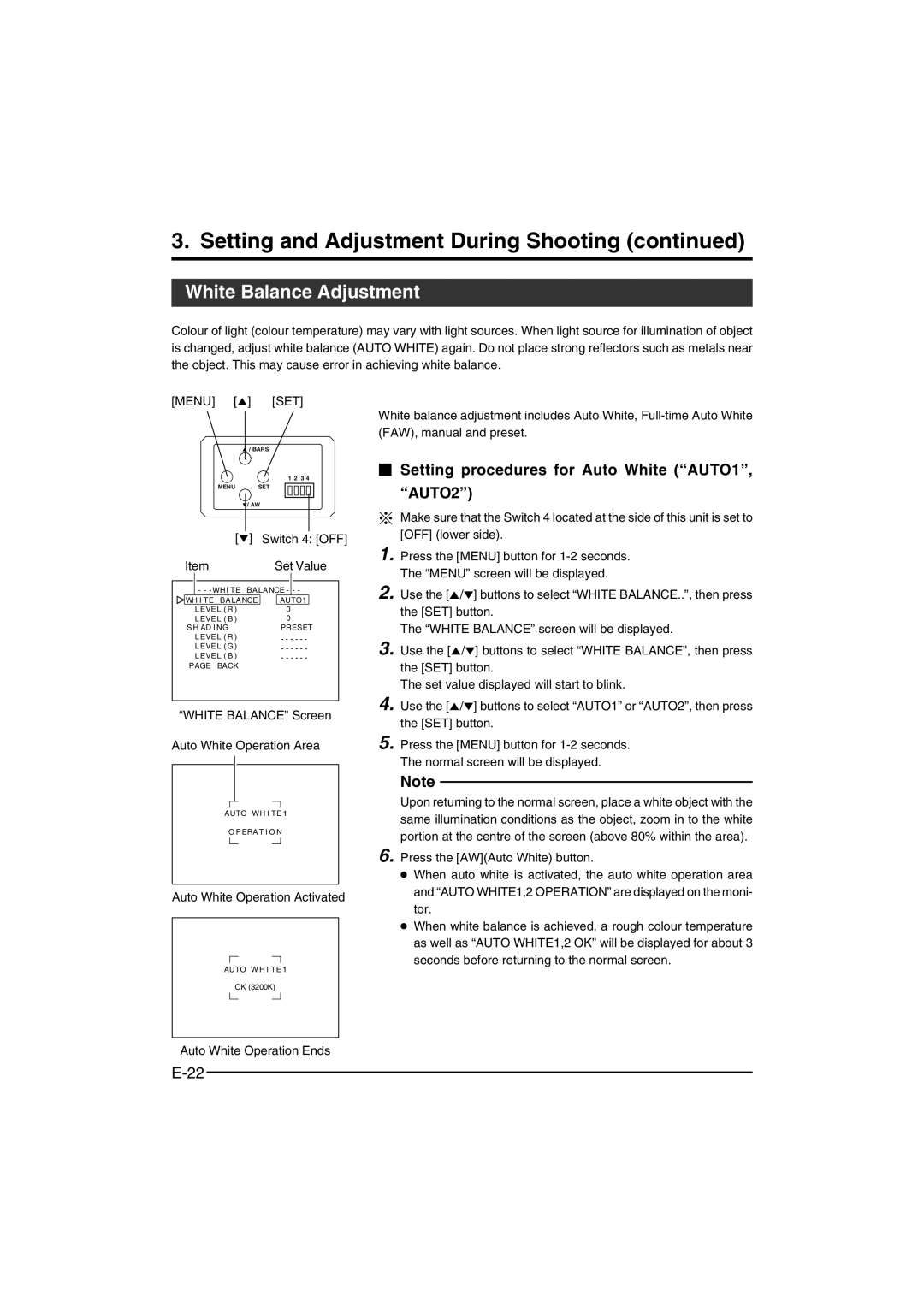 JVC KY-F550E Setting and Adjustment During Shooting, White Balance Adjustment,  Setting procedures for Auto White AUTO1 