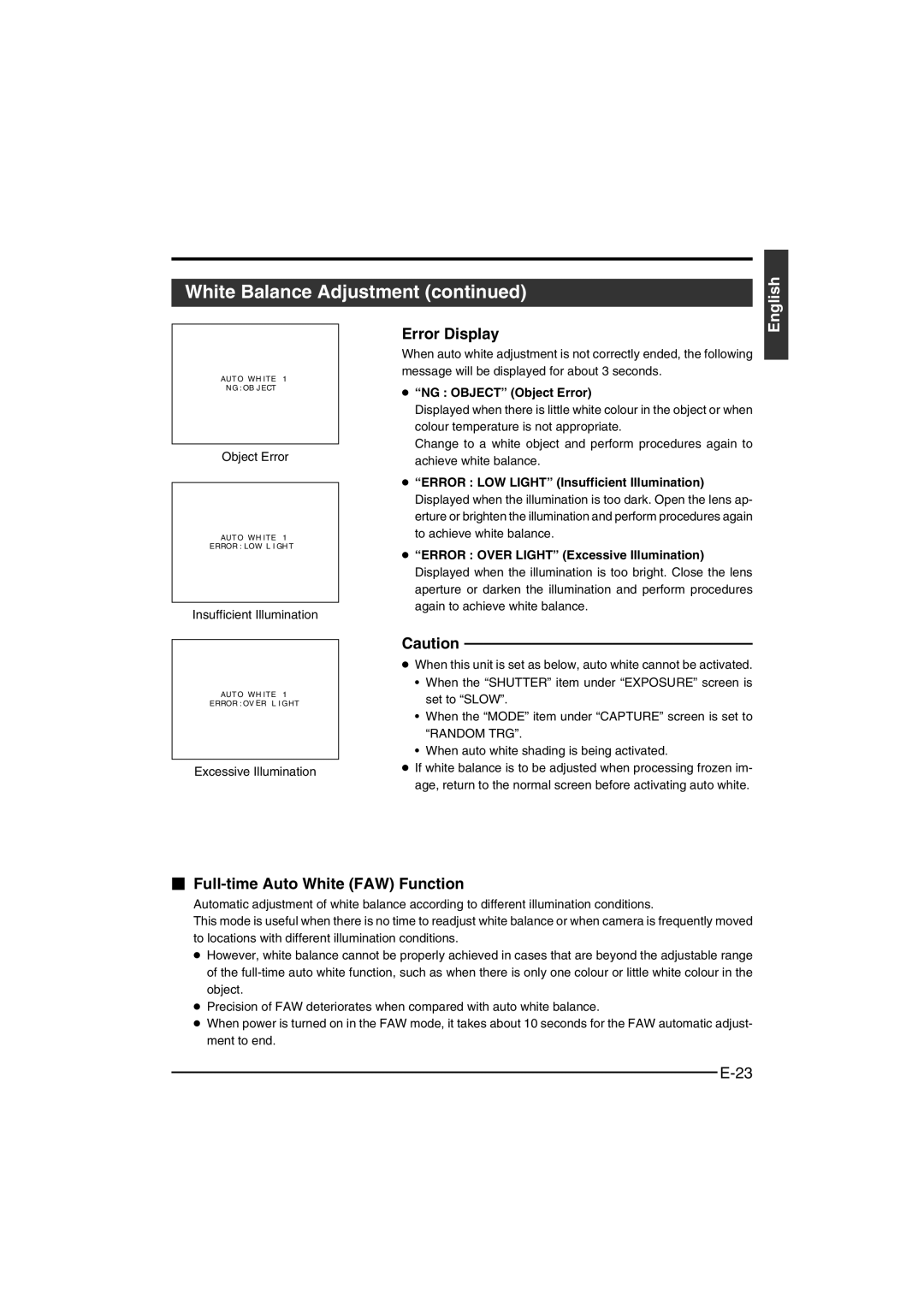 JVC KY-F550E instruction manual Error Display,  Full-time Auto White FAW Function, Object Error, Insufficient Illumination 