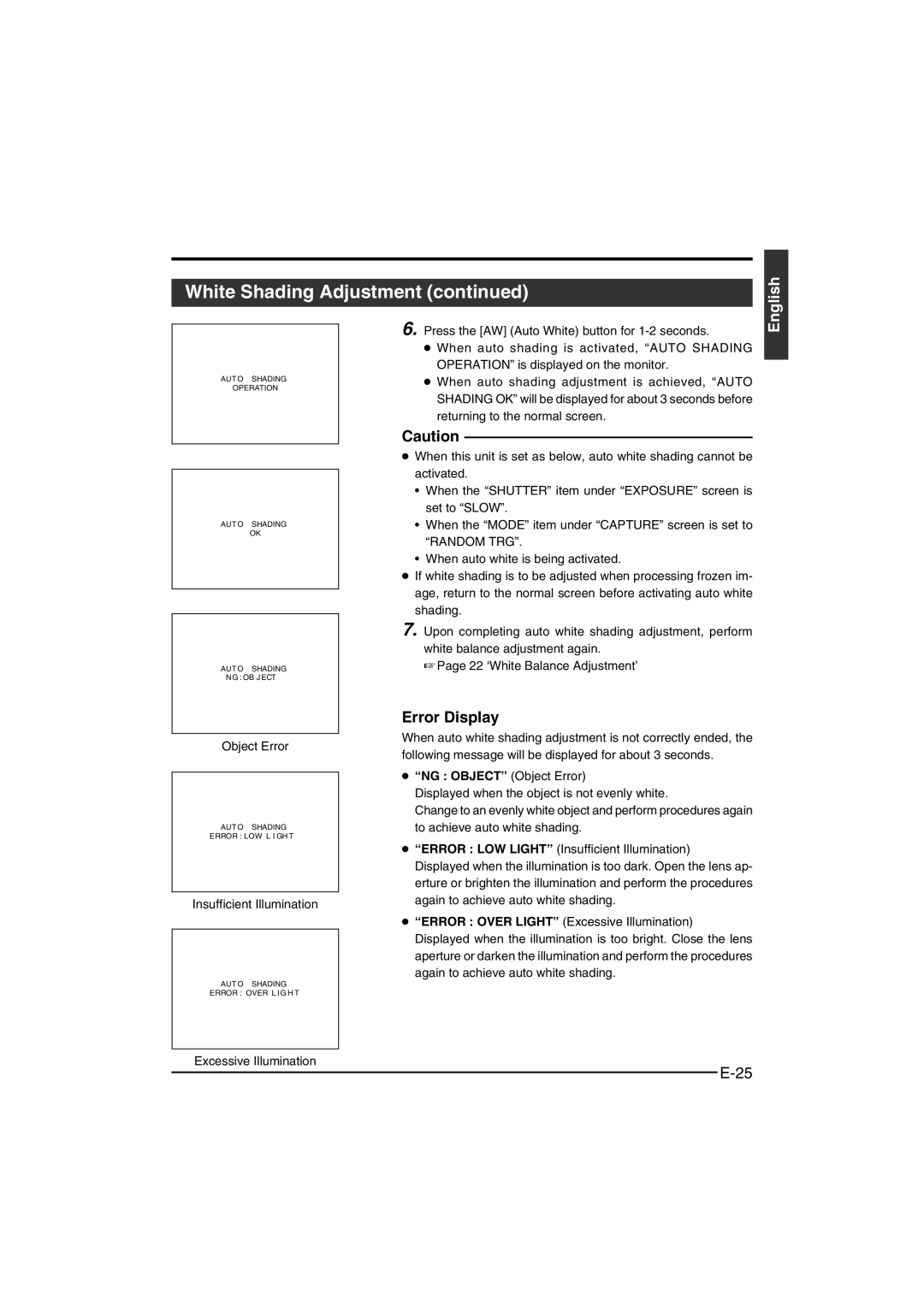 JVC KY-F550E instruction manual AUT O Shading Operation NG OB J ECT 