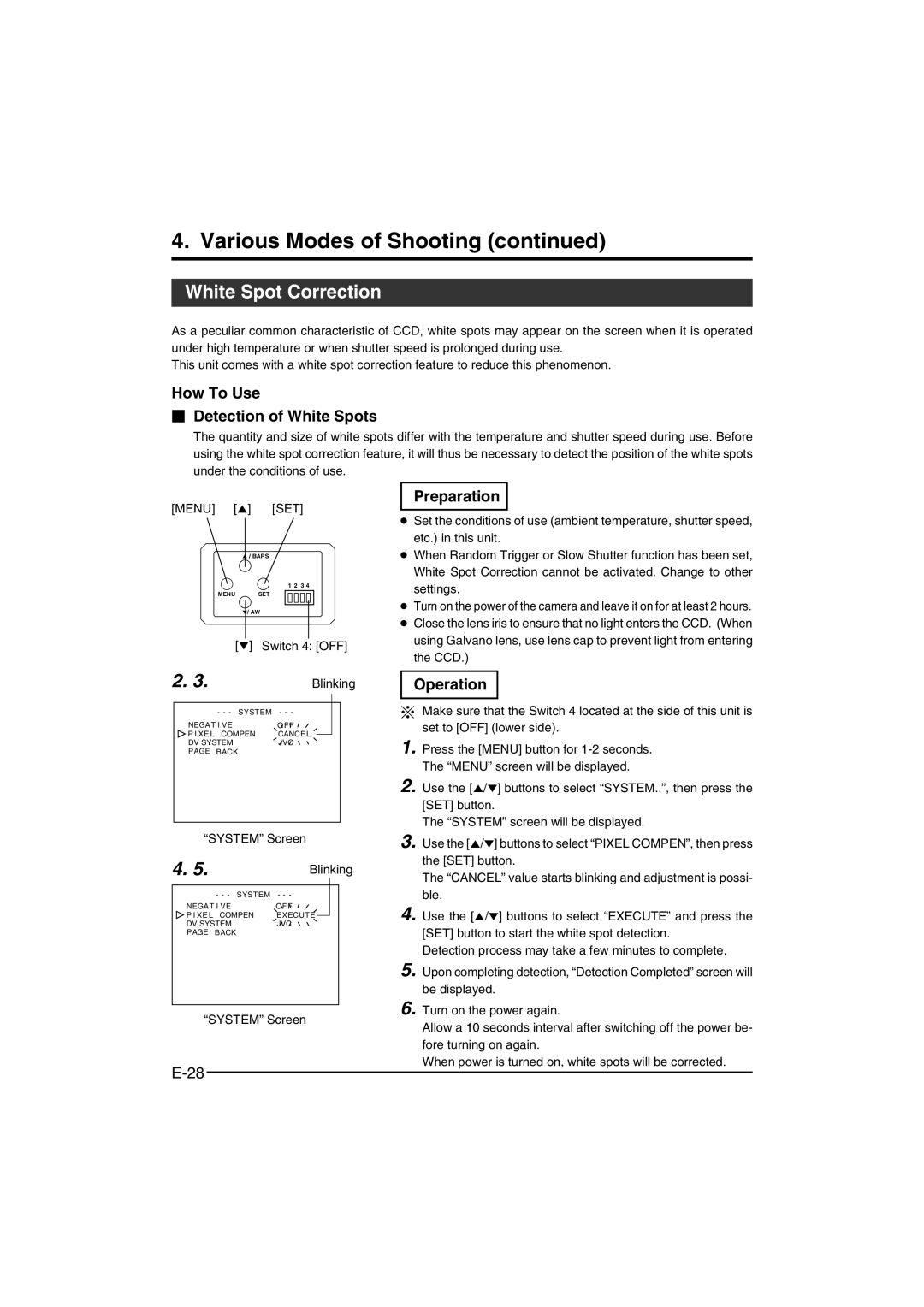 JVC KY-F550E Various Modes of Shooting, White Spot Correction, How To Use  Detection of White Spots, Preparation 