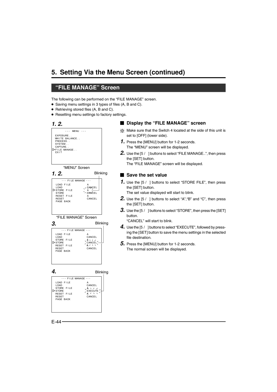 JVC KY-F550E File Manage Screen,  Display the File Manage screen,  Save the set value, Menu Screen Blinking 