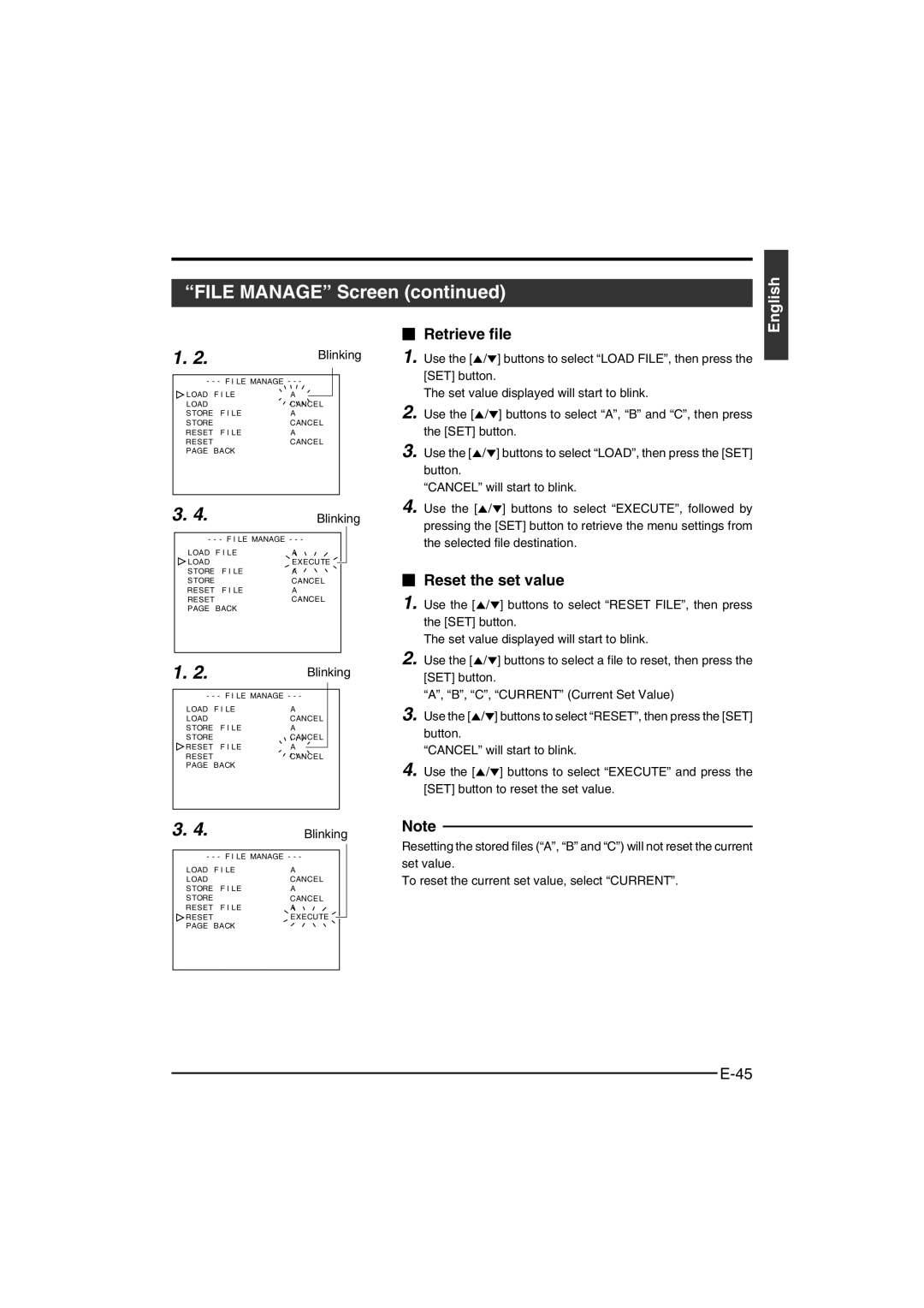 JVC KY-F550E instruction manual  Retrieve file,  Reset the set value 