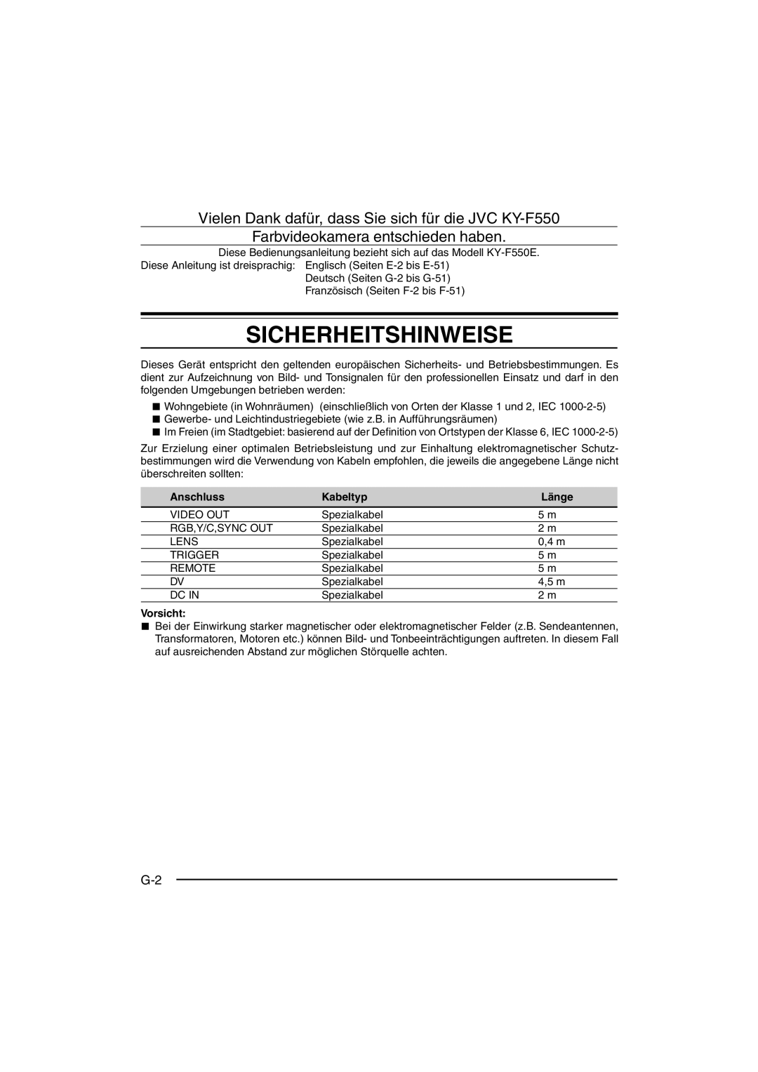 JVC KY-F550E instruction manual Anschluss Kabeltyp Länge, Spezialkabel, Vorsicht 