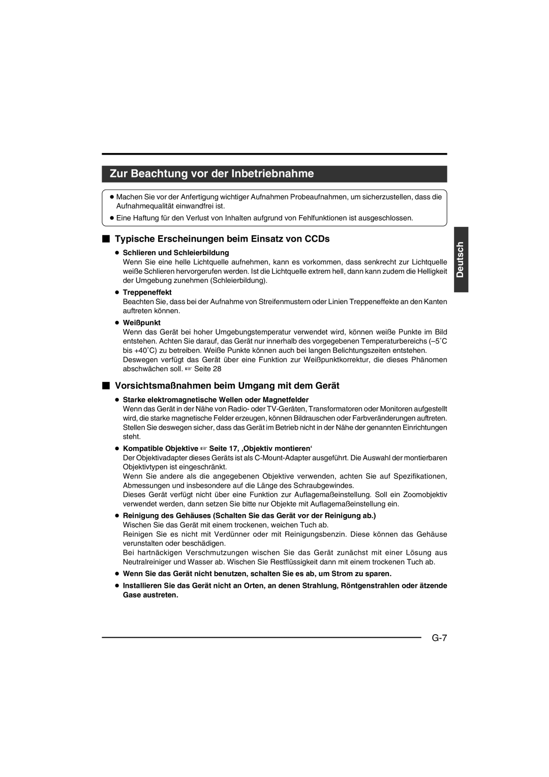 JVC KY-F550E instruction manual Zur Beachtung vor der Inbetriebnahme,  Typische Erscheinungen beim Einsatz von CCDs 