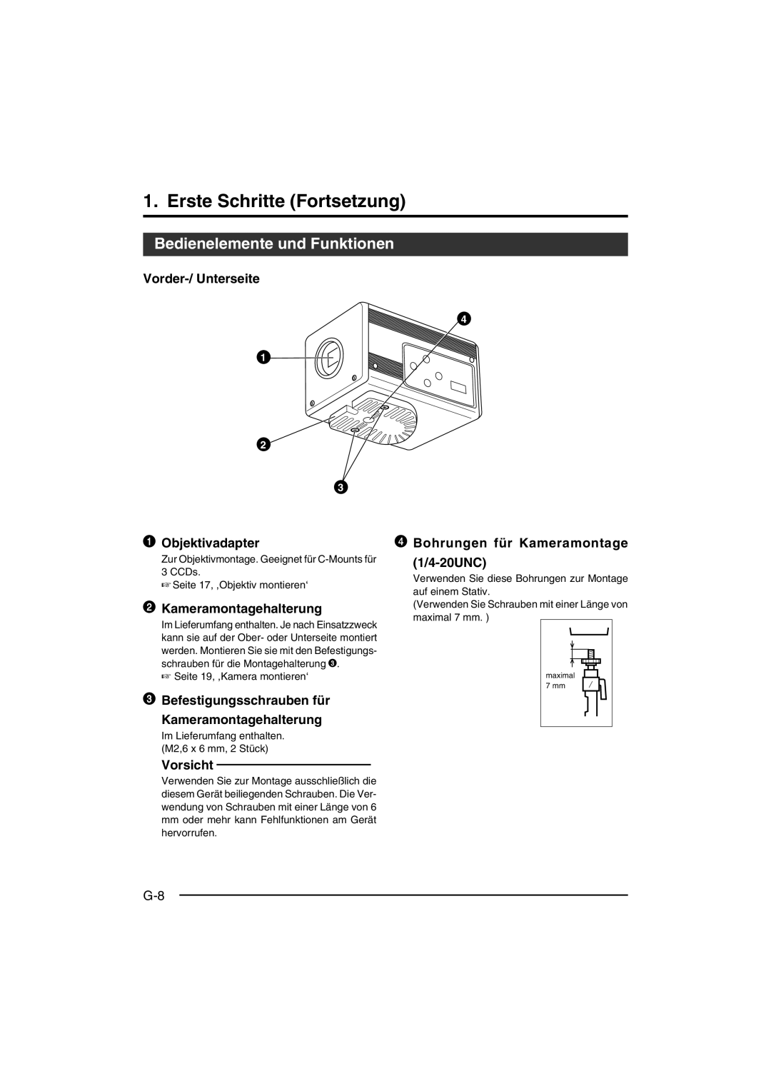 JVC KY-F550E instruction manual Erste Schritte Fortsetzung, Bedienelemente und Funktionen, Kameramontagehalterung, Vorsicht 