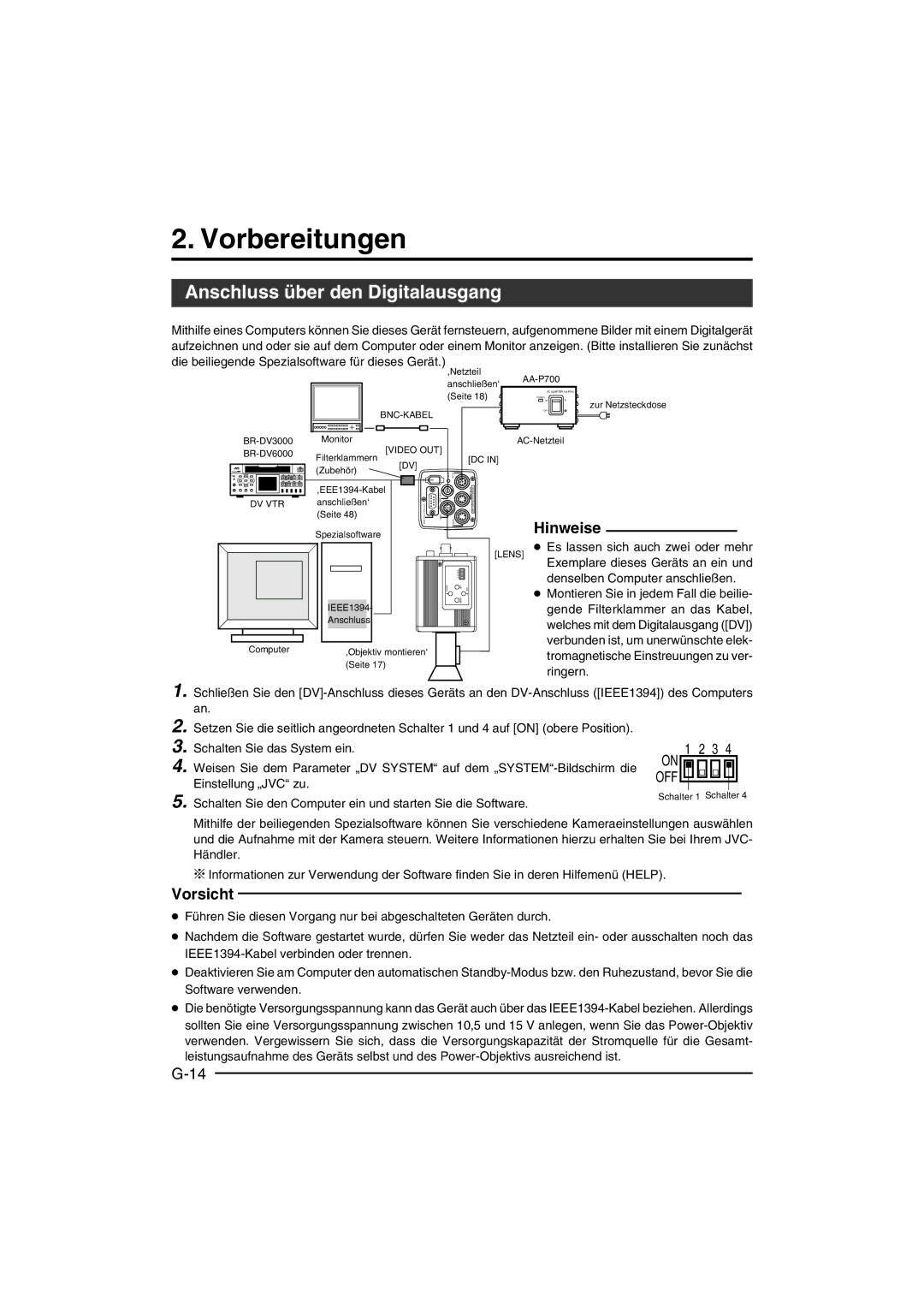 JVC KY-F550E instruction manual Vorbereitungen, Anschluss über den Digitalausgang, Hinweise 