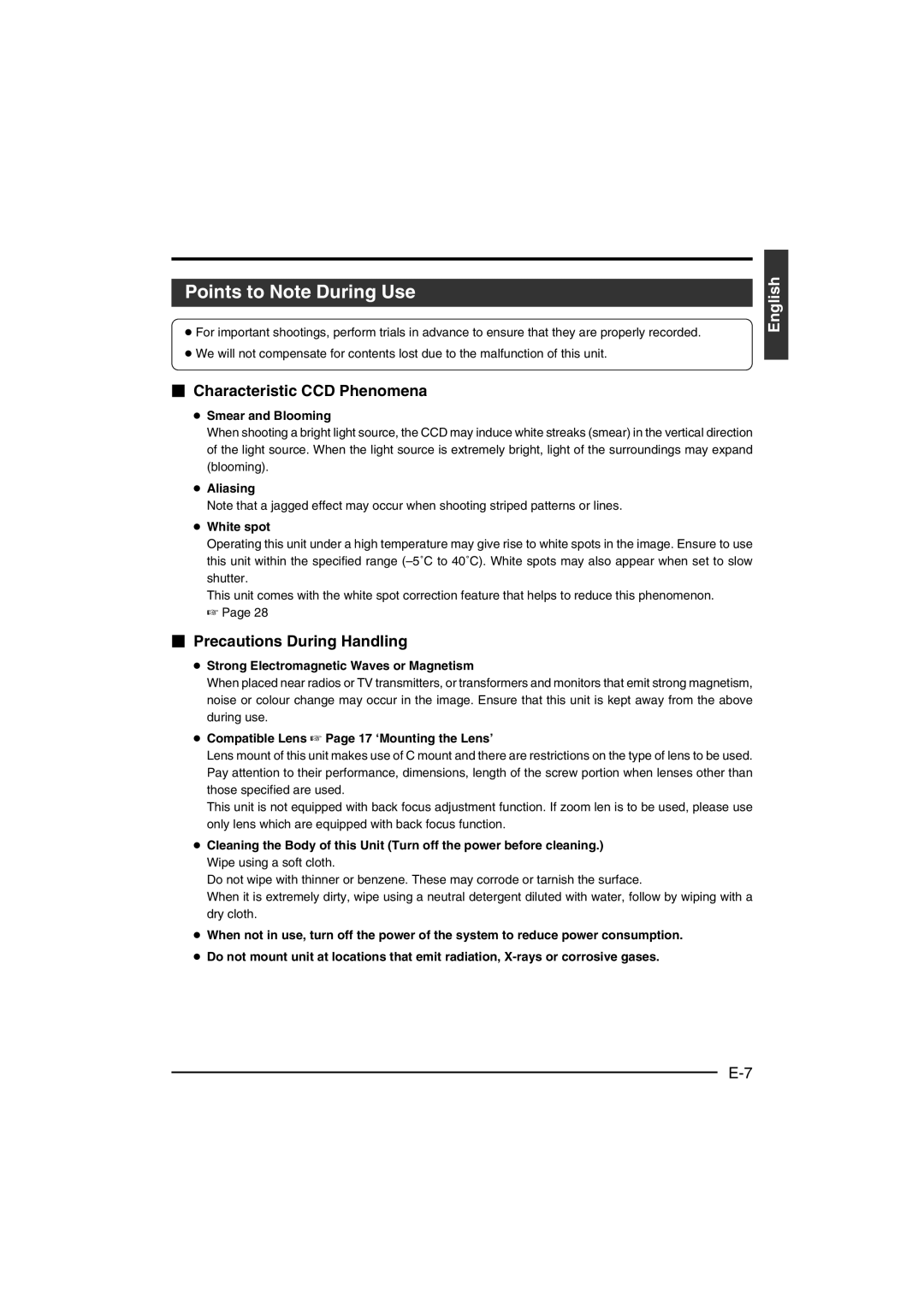 JVC KY-F550E instruction manual Points to Note During Use,  Characteristic CCD Phenomena,  Precautions During Handling 