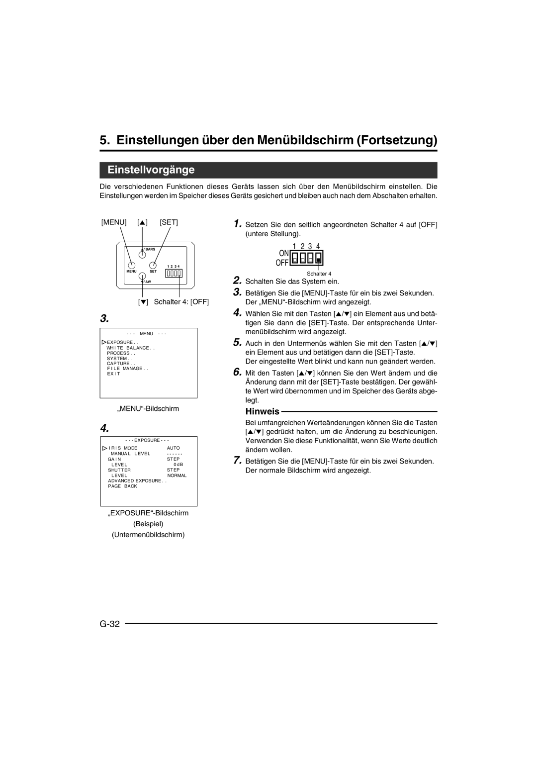 JVC KY-F550E instruction manual Einstellungen über den Menübildschirm Fortsetzung, Einstellvorgänge 