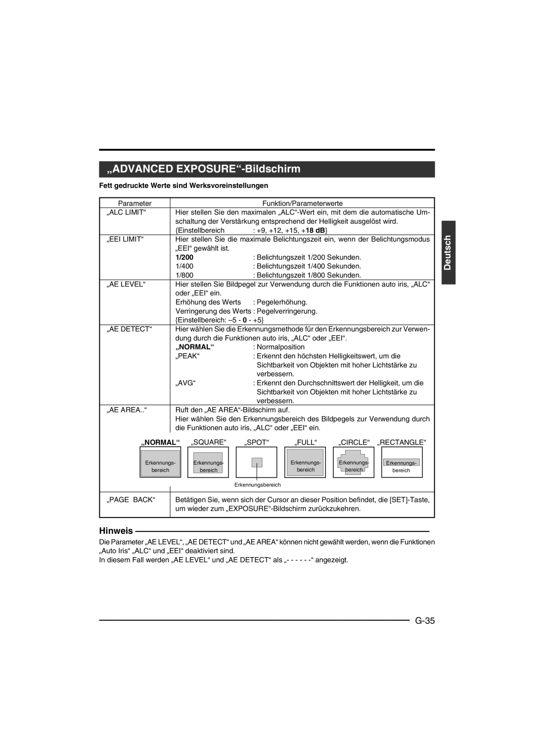 JVC KY-F550E instruction manual „ADVANCED EXPOSURE-Bildschirm, „Normal 